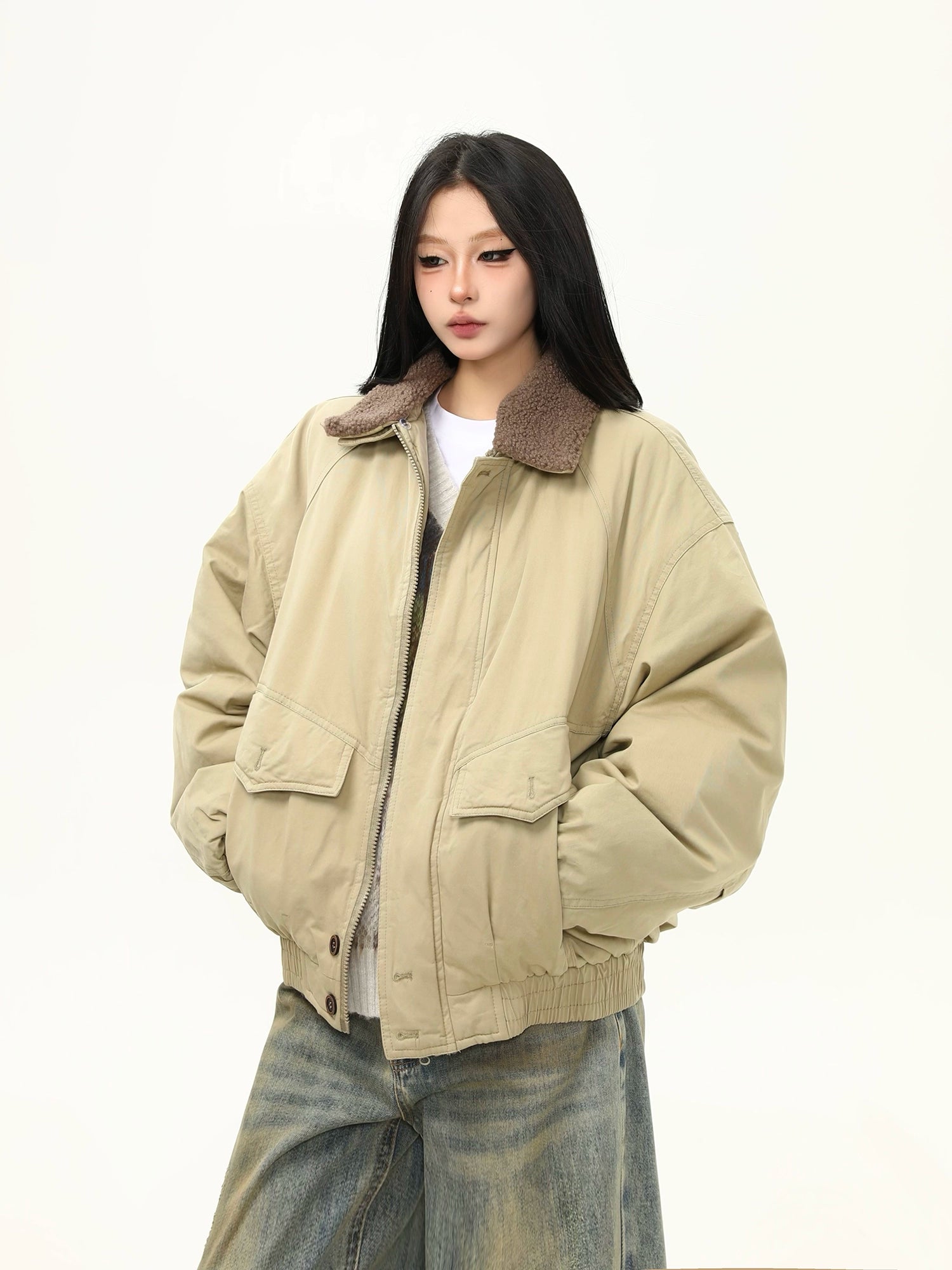 Sand Dune Sherpa-Collar Bomber Jacket