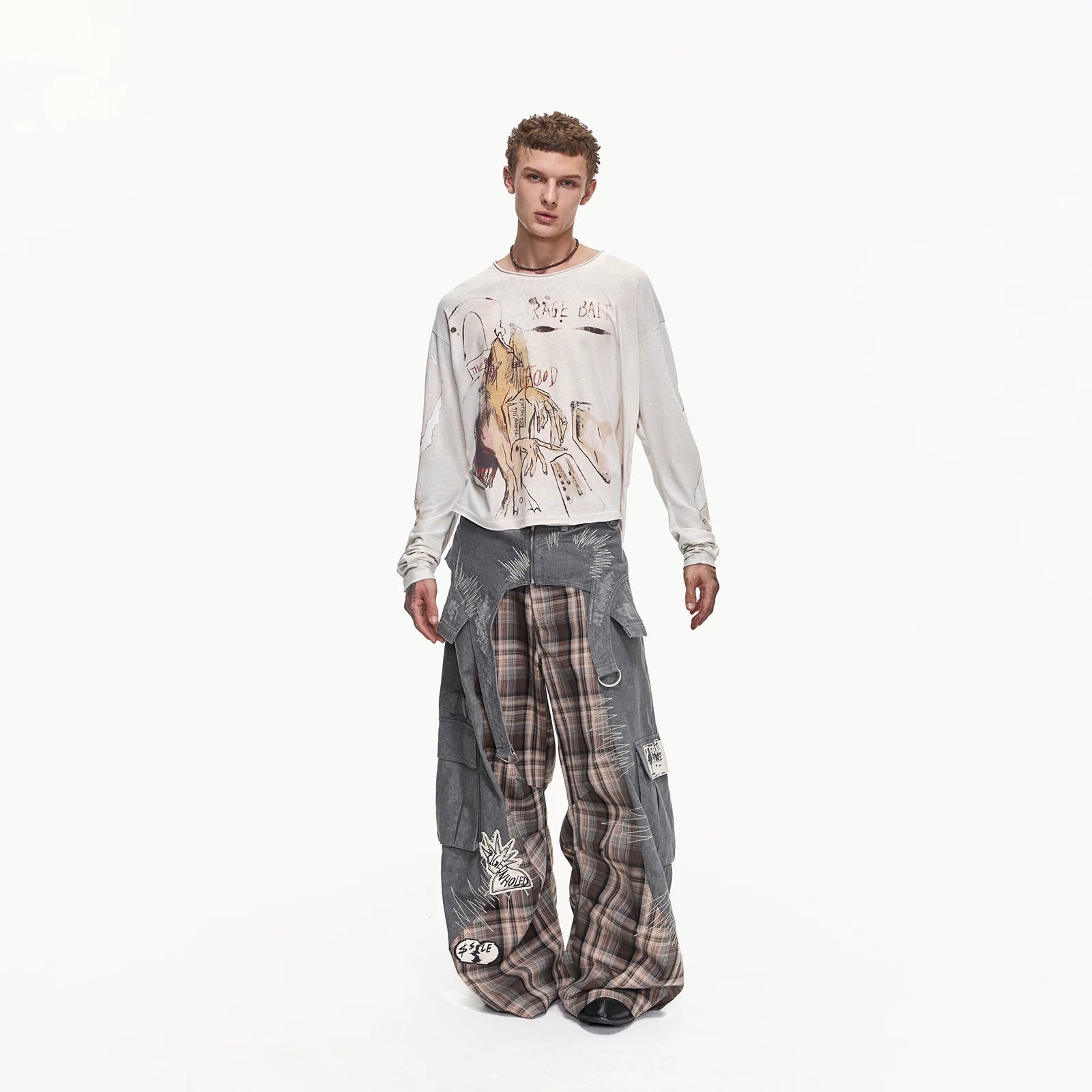 Detachable Waistband Plaid Cargo Pants in Grey