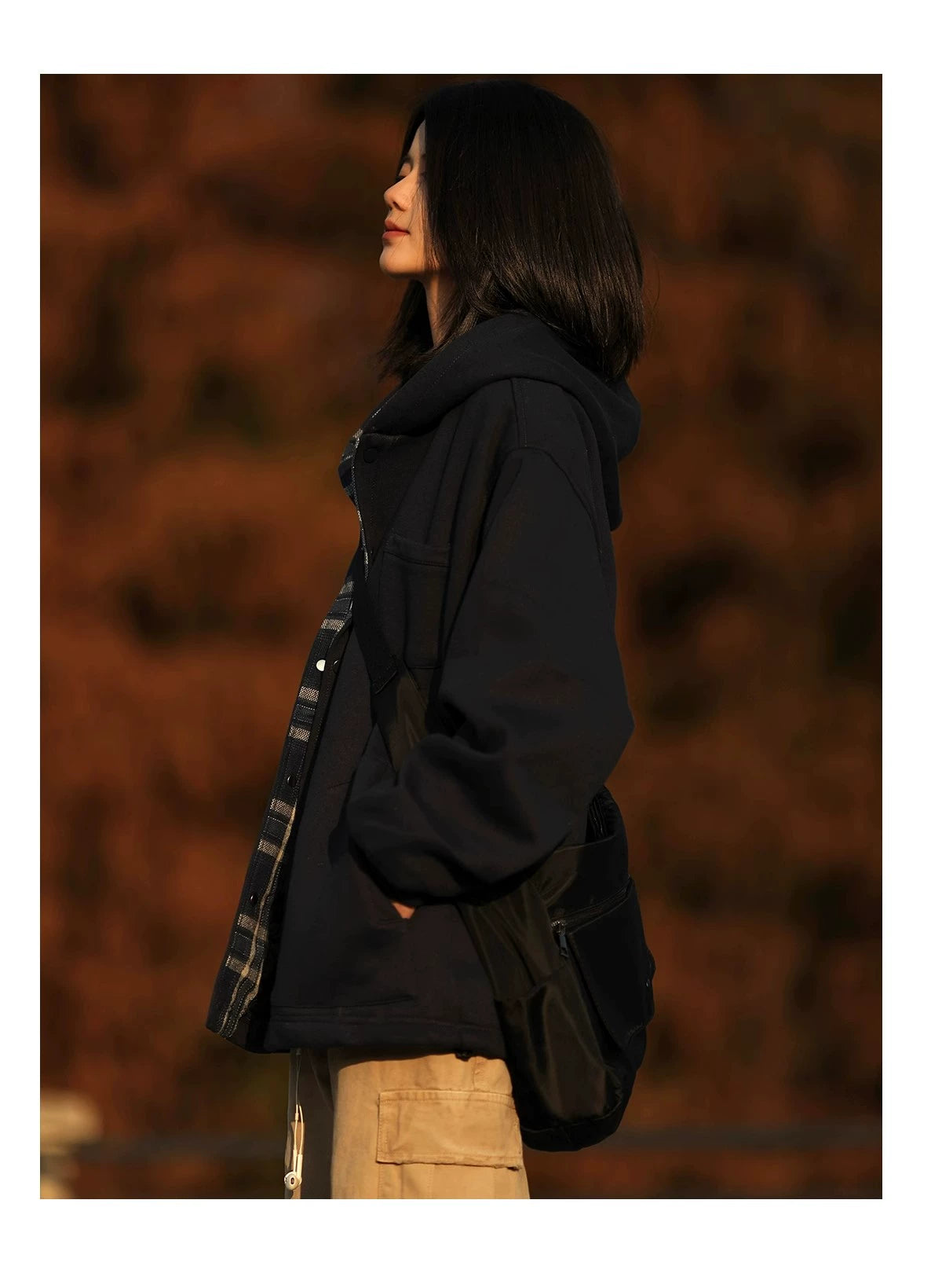 Button-Up Hoodie with Plaid Lining
