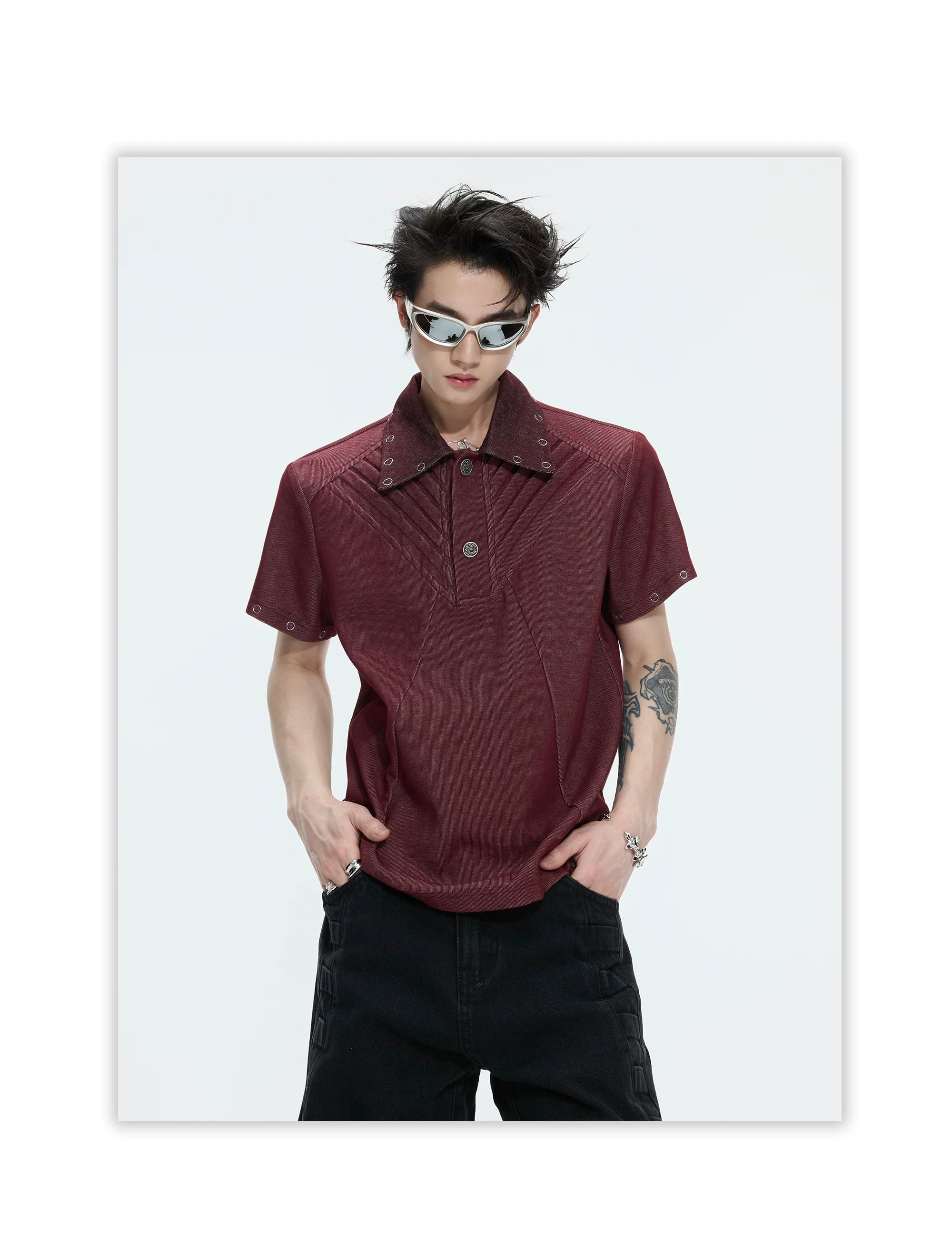 Grommet Collar Pleated Panel Polo Shirt
