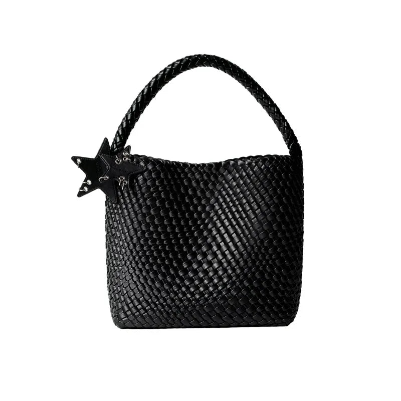 Metallic Woven Star Hobo Tote - Black