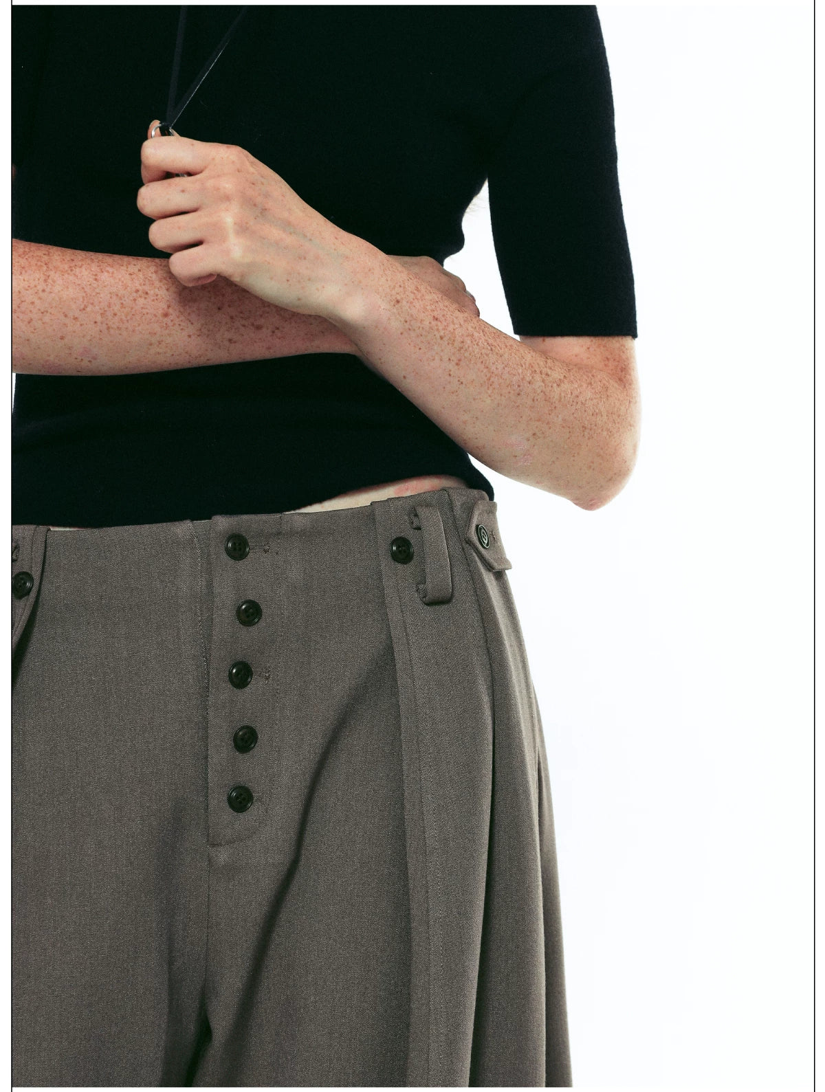 Exposed Button Pinstripe Wide Trousers