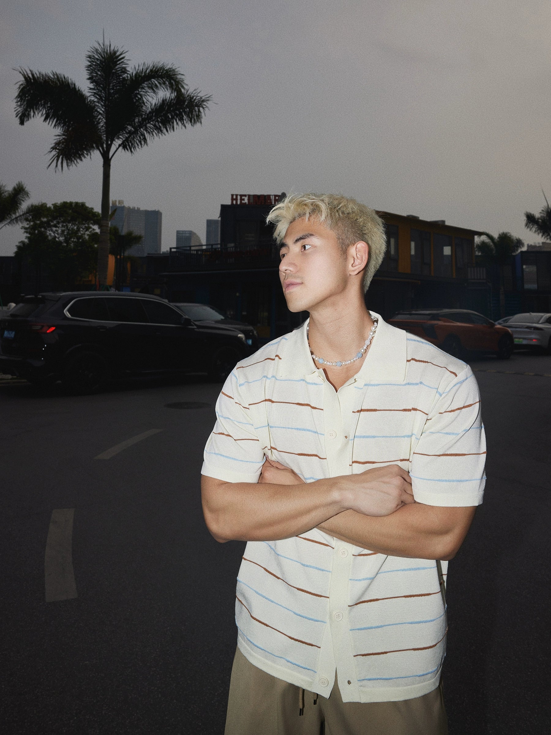 Cream Striped Knit Button-Up Shirt