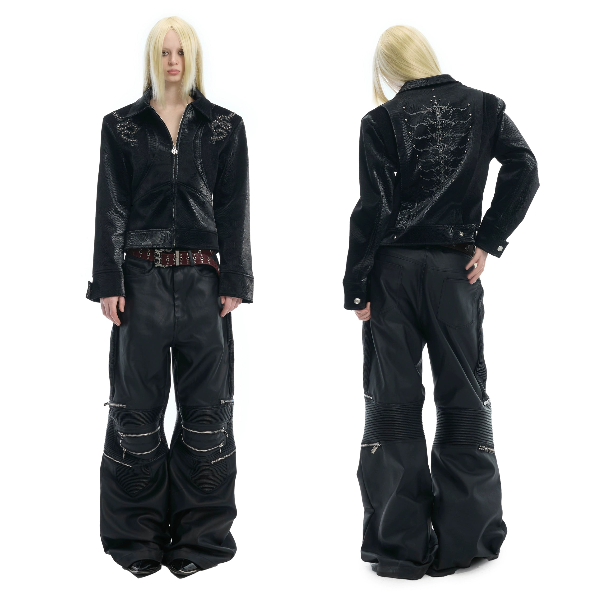 Embellished Snake Pattern Leather Moto Jacket