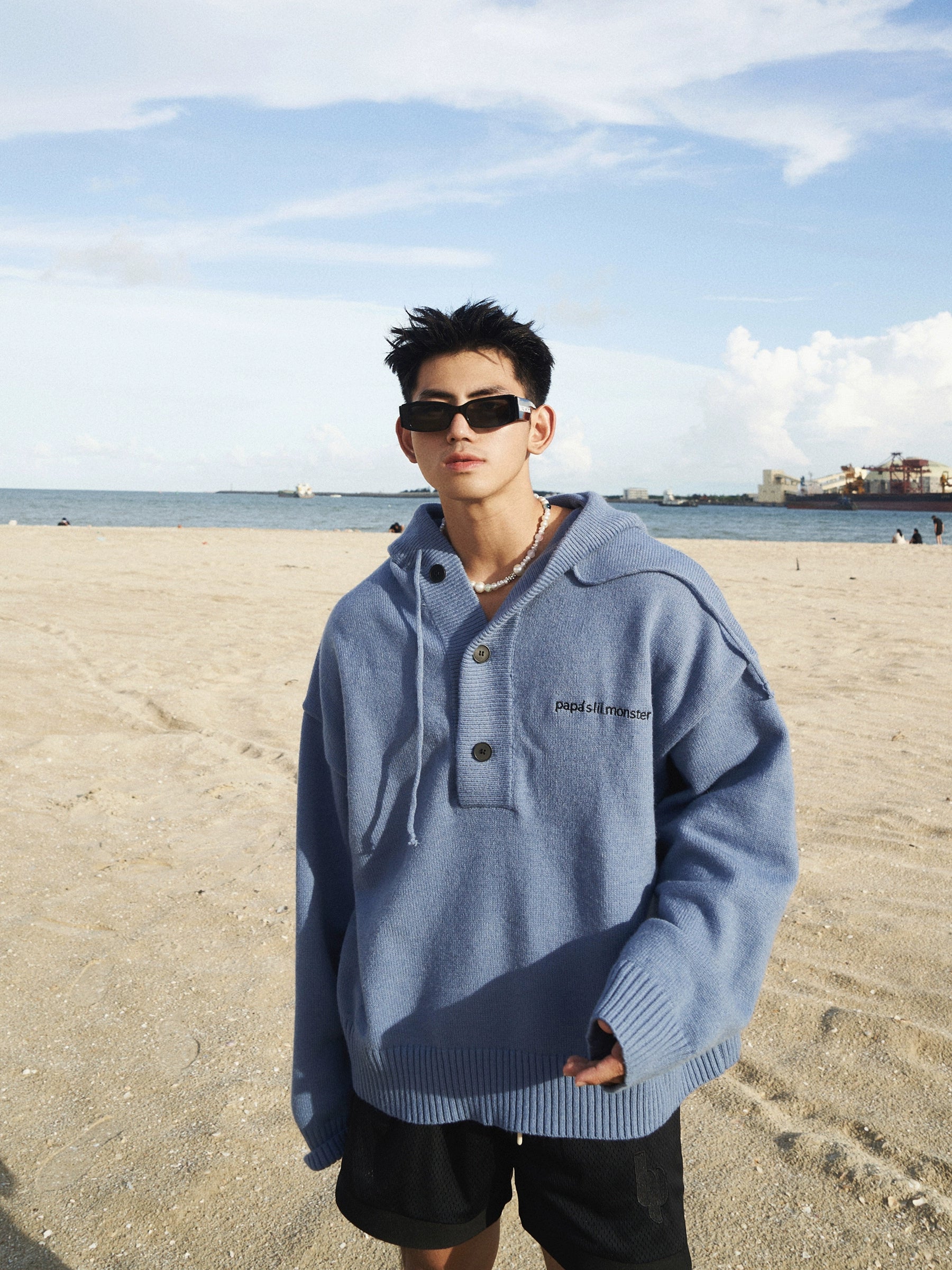 Blue Knit Hooded Henley Sweater