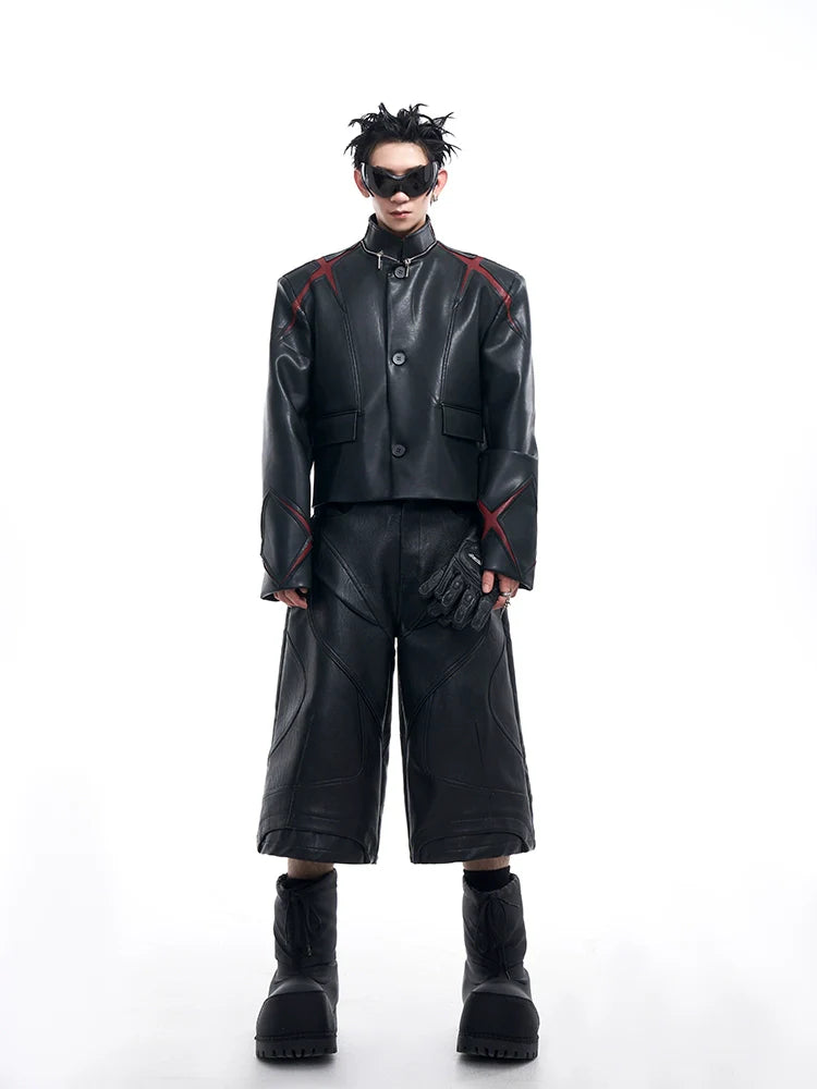 Black PU Leather Moto Jacket with Red X Details