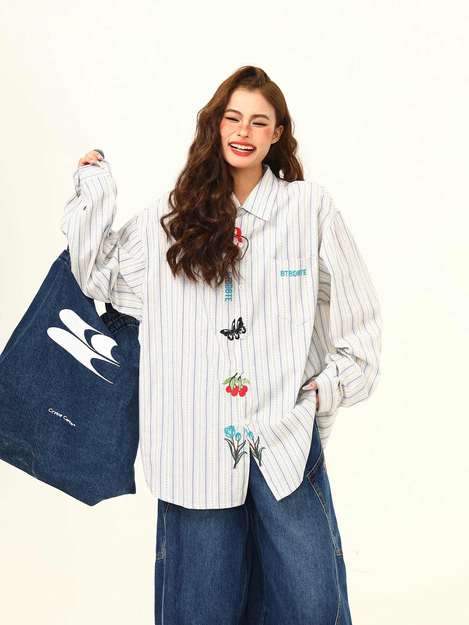 Embroidered Character Oversized Striped Shirt
