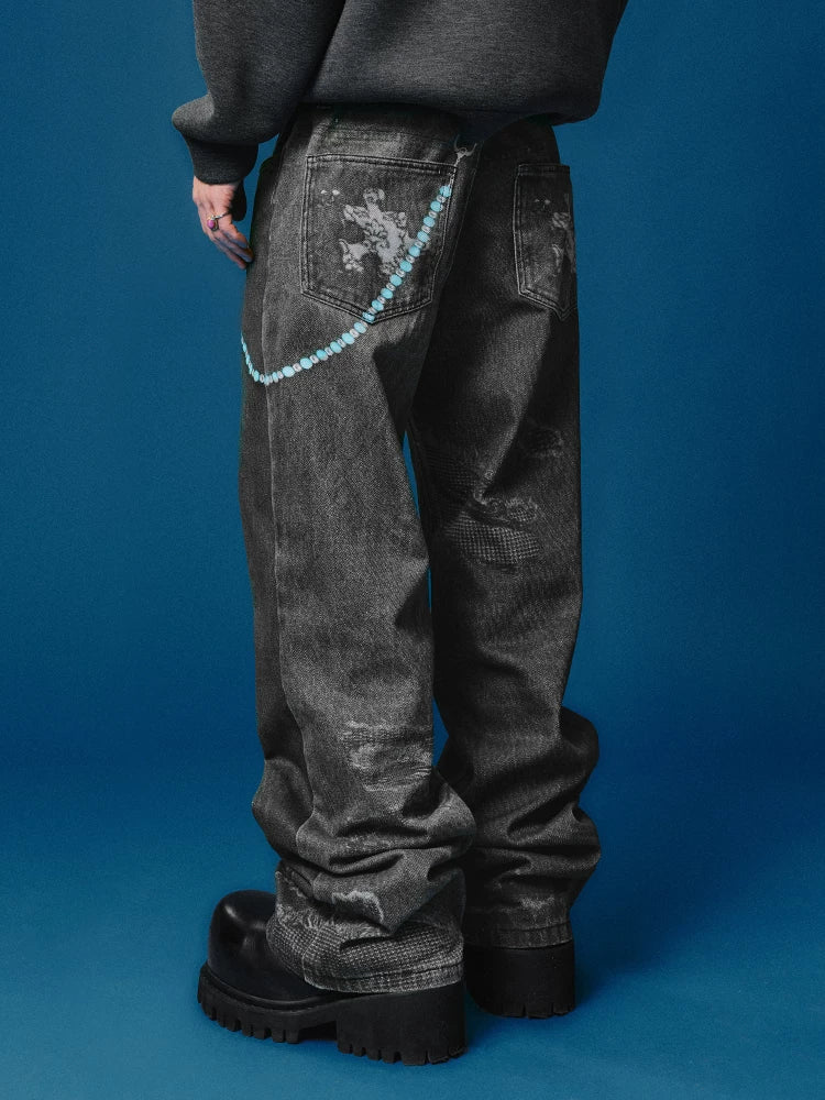 Chain Print Distressed Wide Leg Jeans