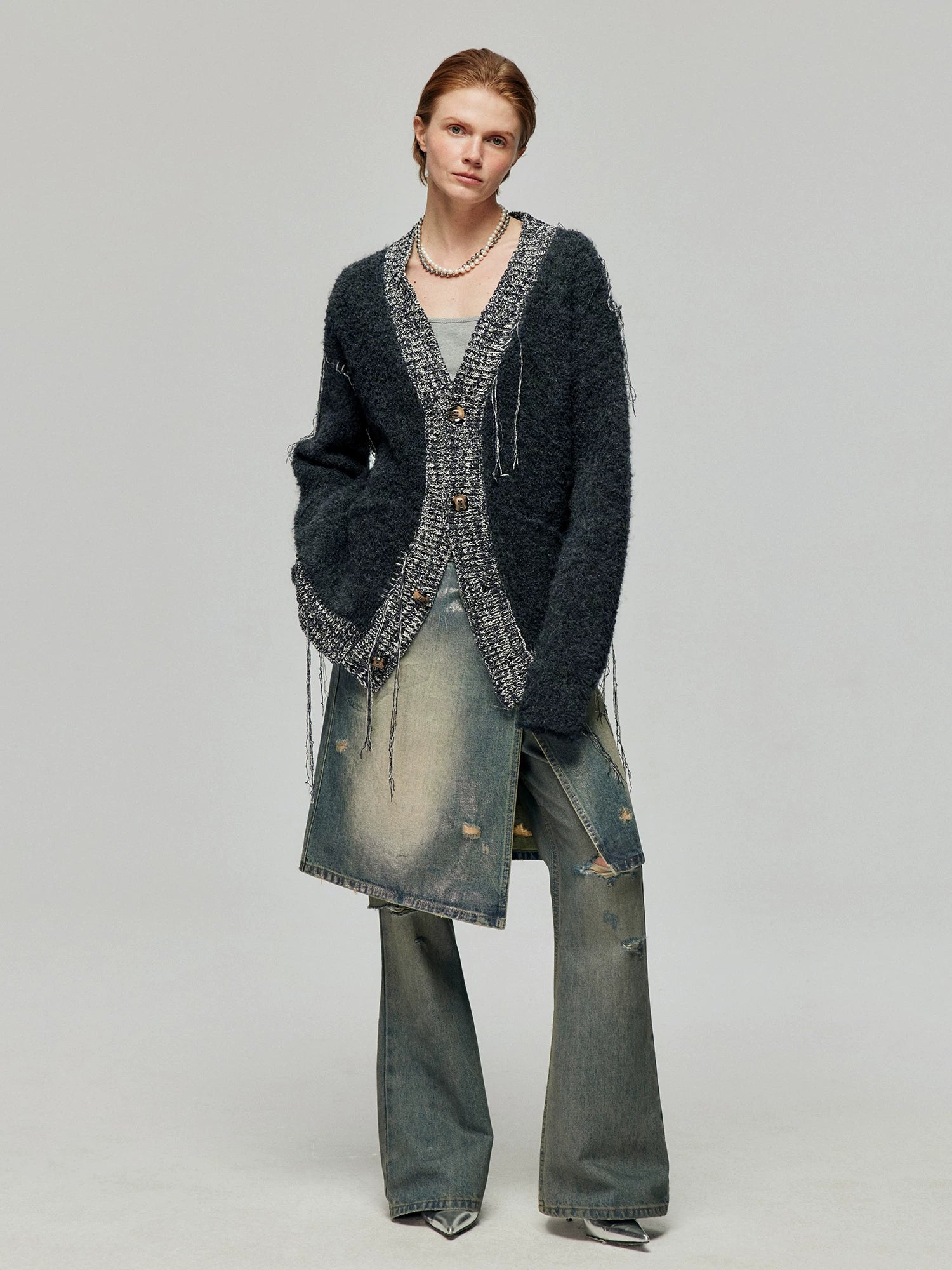 Distressed Denim Wrap Midi Skirt