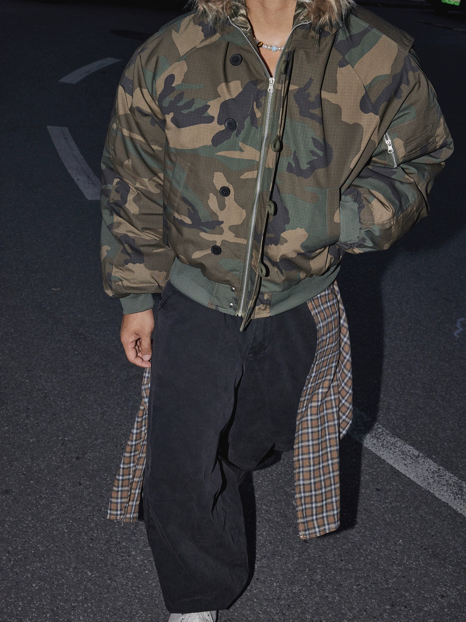 Camo Print Cropped Bomber Jacket with Faux Fur Hood