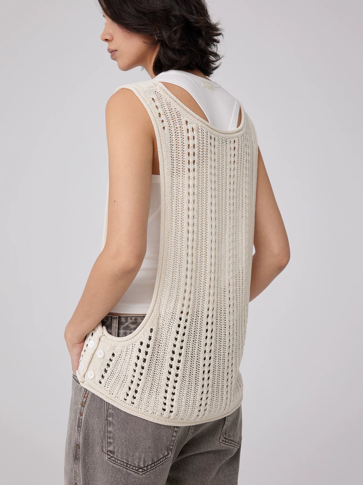 Open-Knit Button-Detail Vest