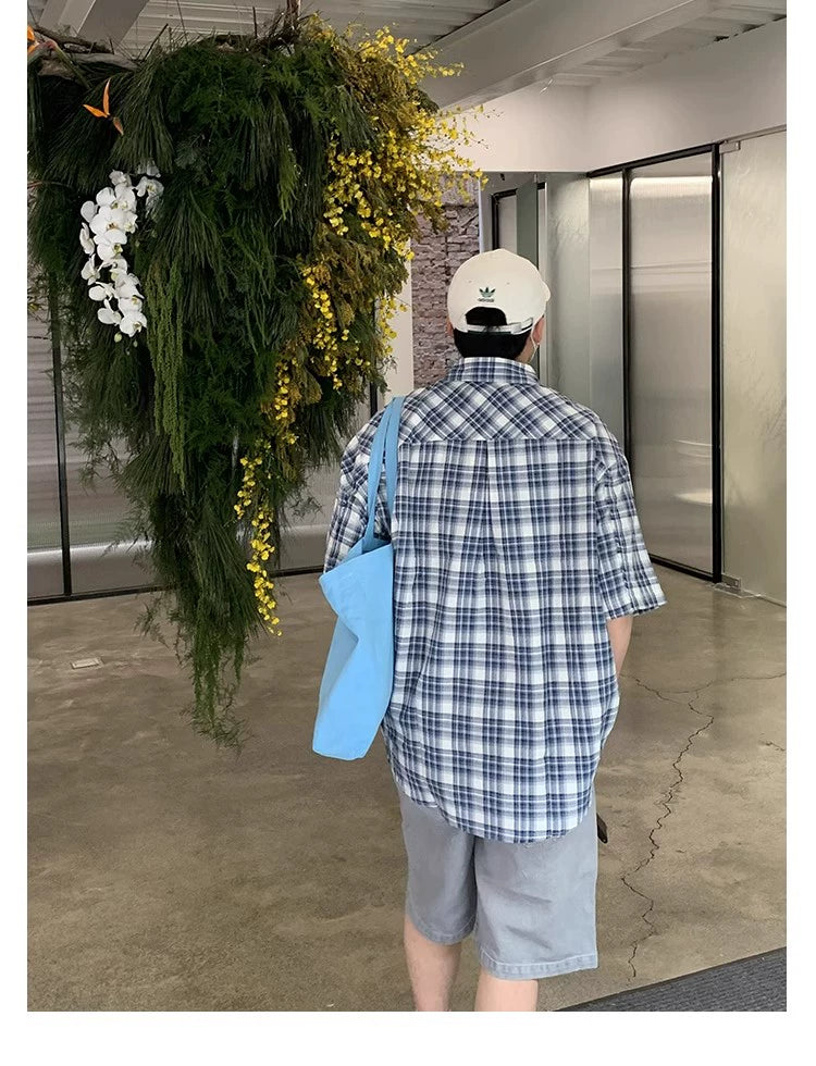 Oversized Blue and White Plaid Short Sleeve Shirt