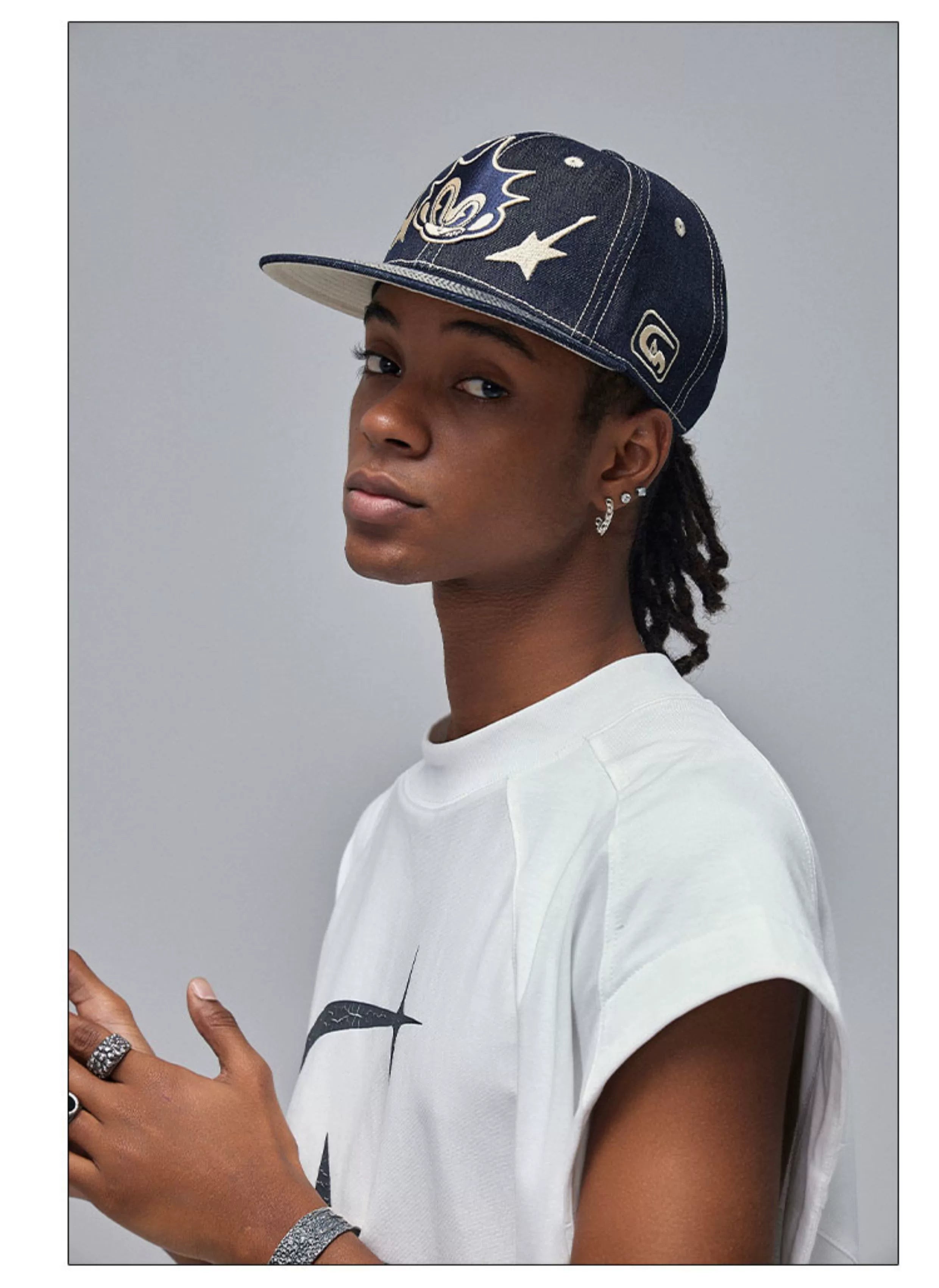 Cartoon Embroidered Denim Snapback Cap