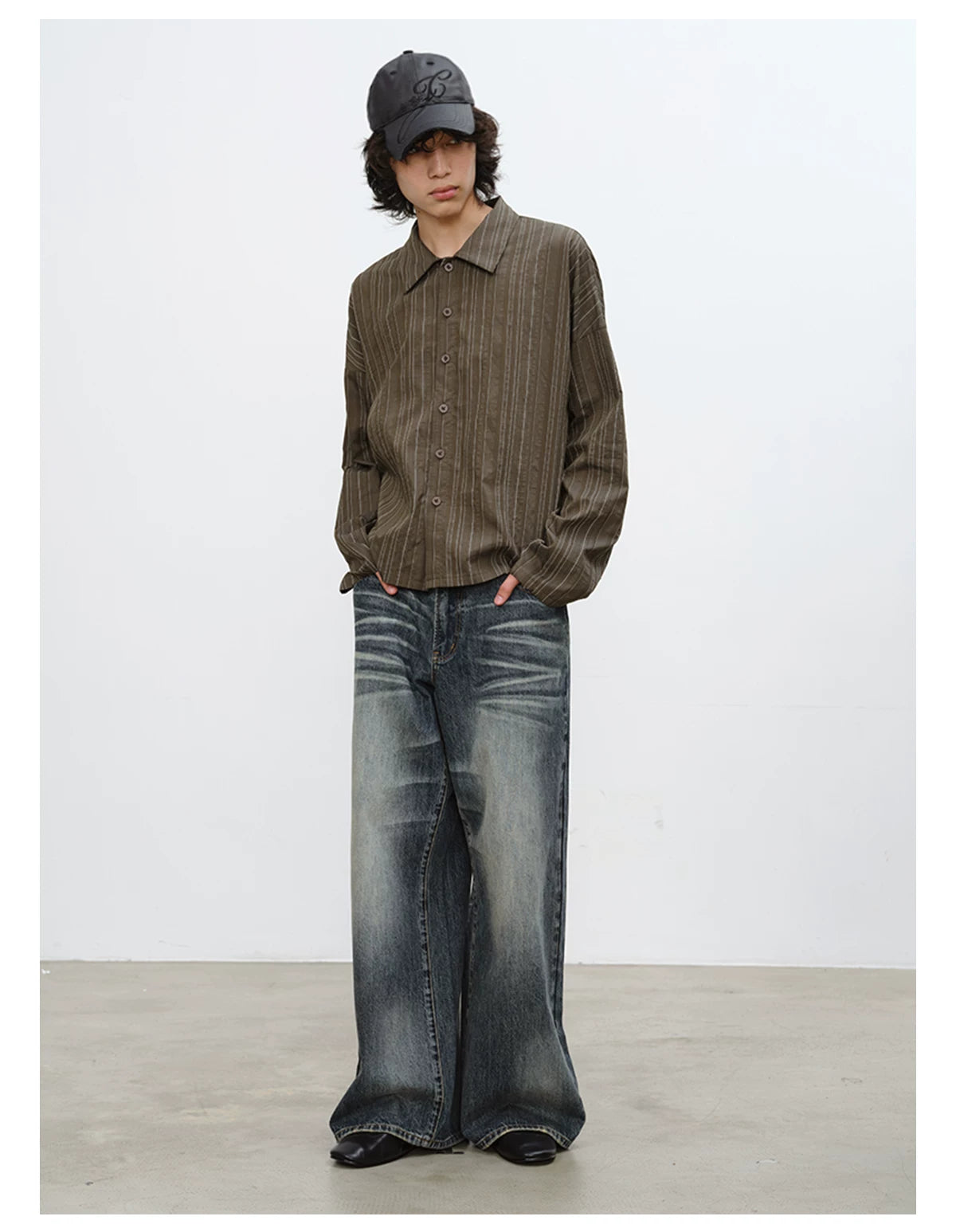 Textured Vertical-Stripe Button Shirt