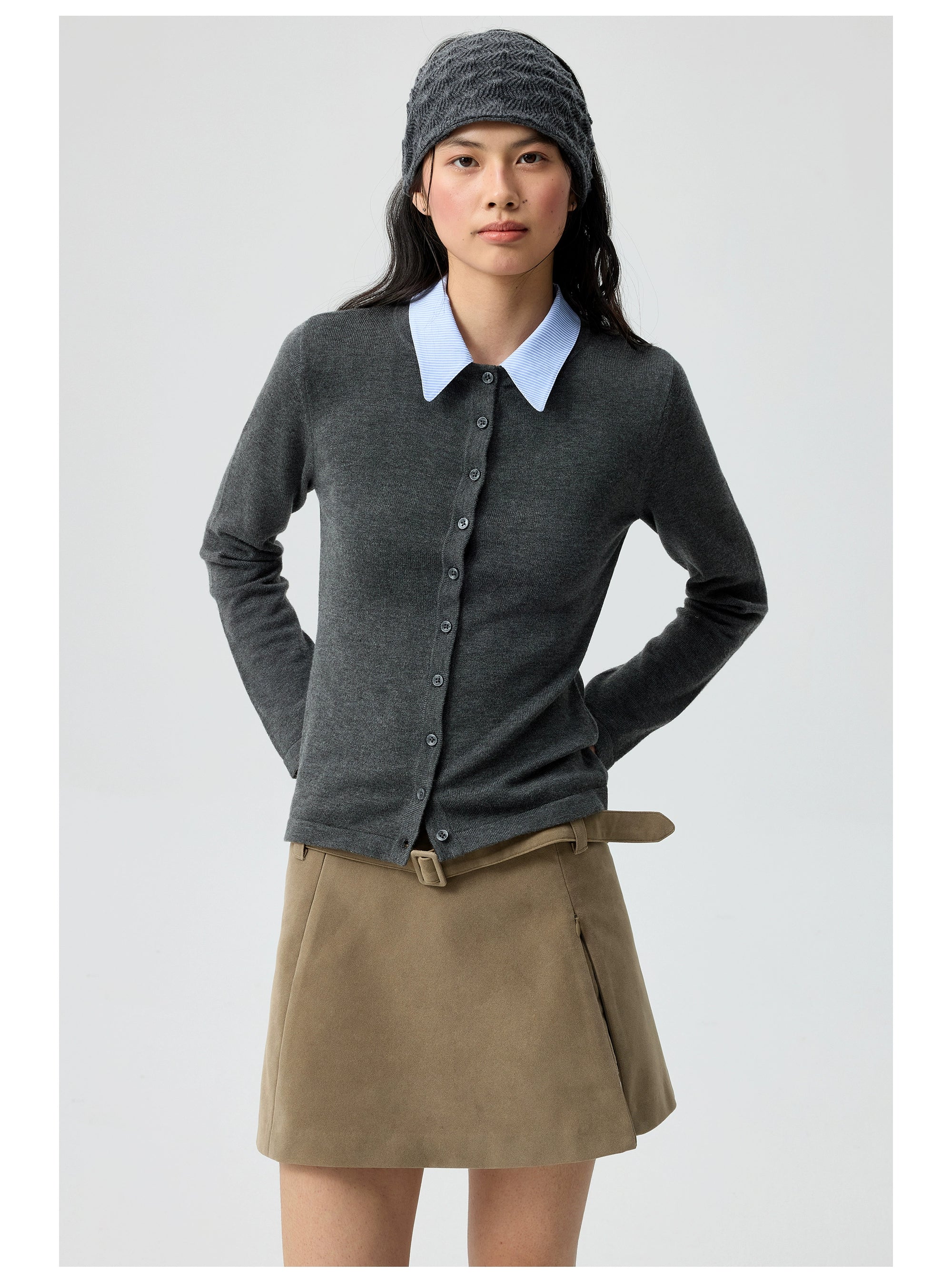 Button-Up Cardigan with Detachable Contrast Collar