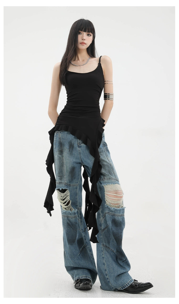 Black Asymmetric Ribbon Strap Tank Top With Ruffle Edge Design - chiclara