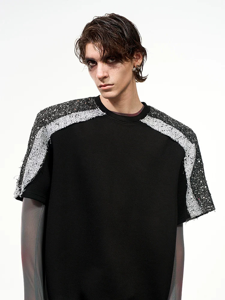 T-Shirt with Sequined Shoulder Detail and Mesh Sleeves