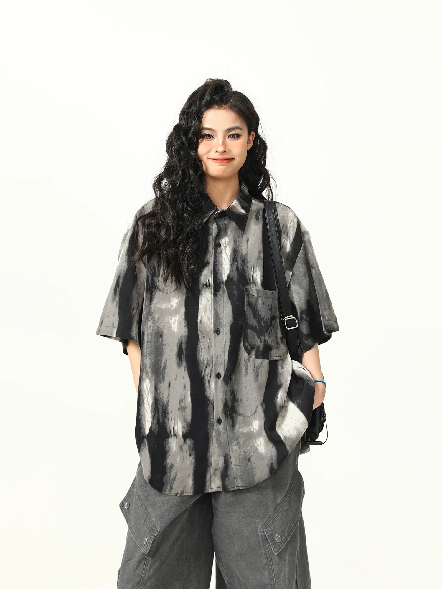 Black Monochrome Watercolor Print Shirt