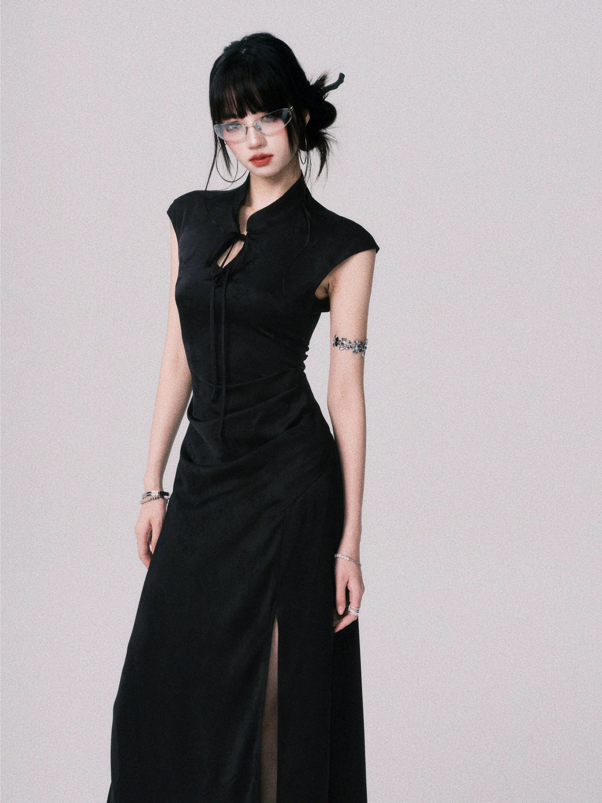 Midnight Cipher Cheongsam Maxi Dress