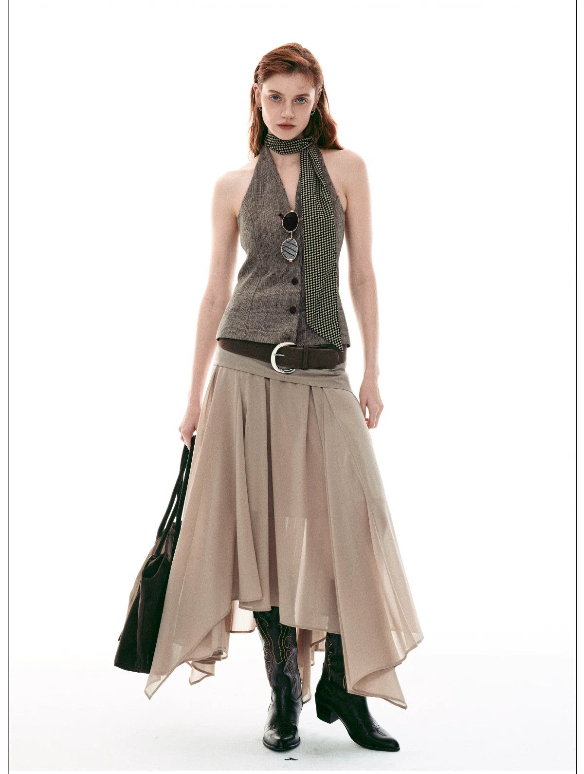 Desert Veil Asymmetric Pleated Midi Skirt