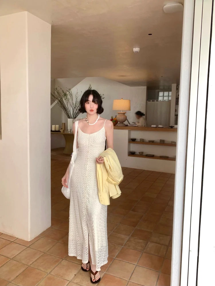 French Ivory Lace Sleeveless Maxi Dress