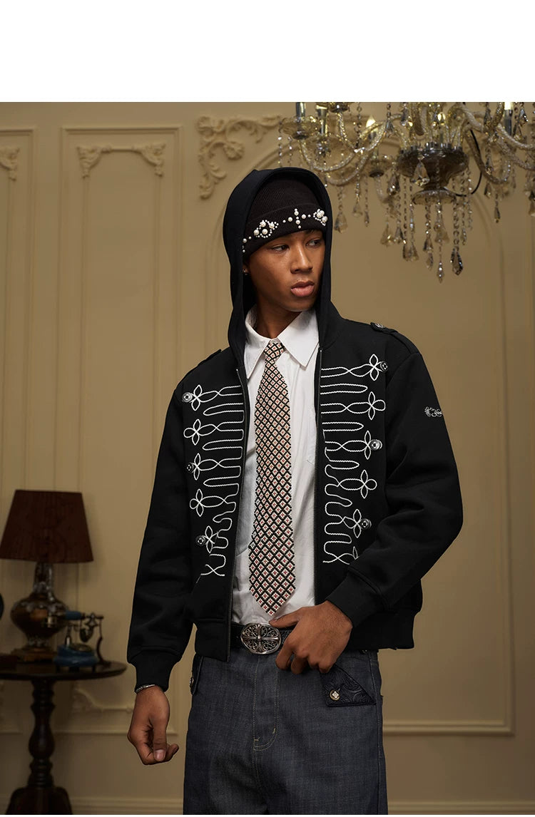 Black Military Embroidered Zip-Up Hoodie