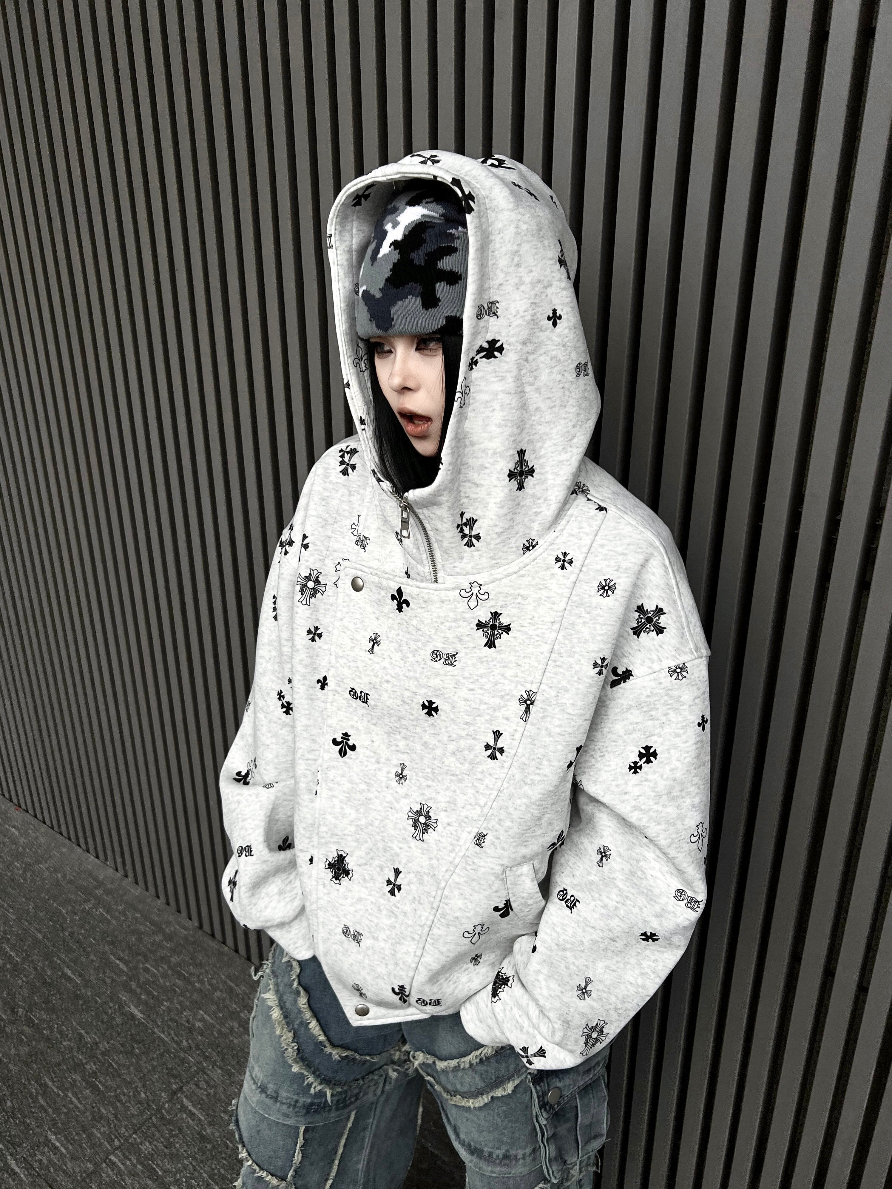 Men's Deconstructed Patchwork Double-Placket Zip-Up Hoodie