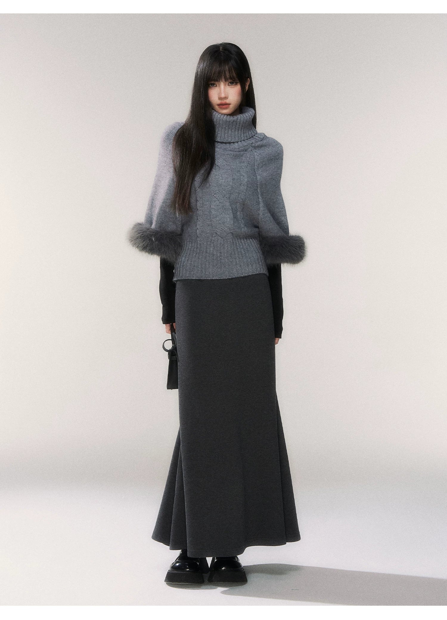 Frosted Whisper Fur-Cuff Turtleneck Sweater