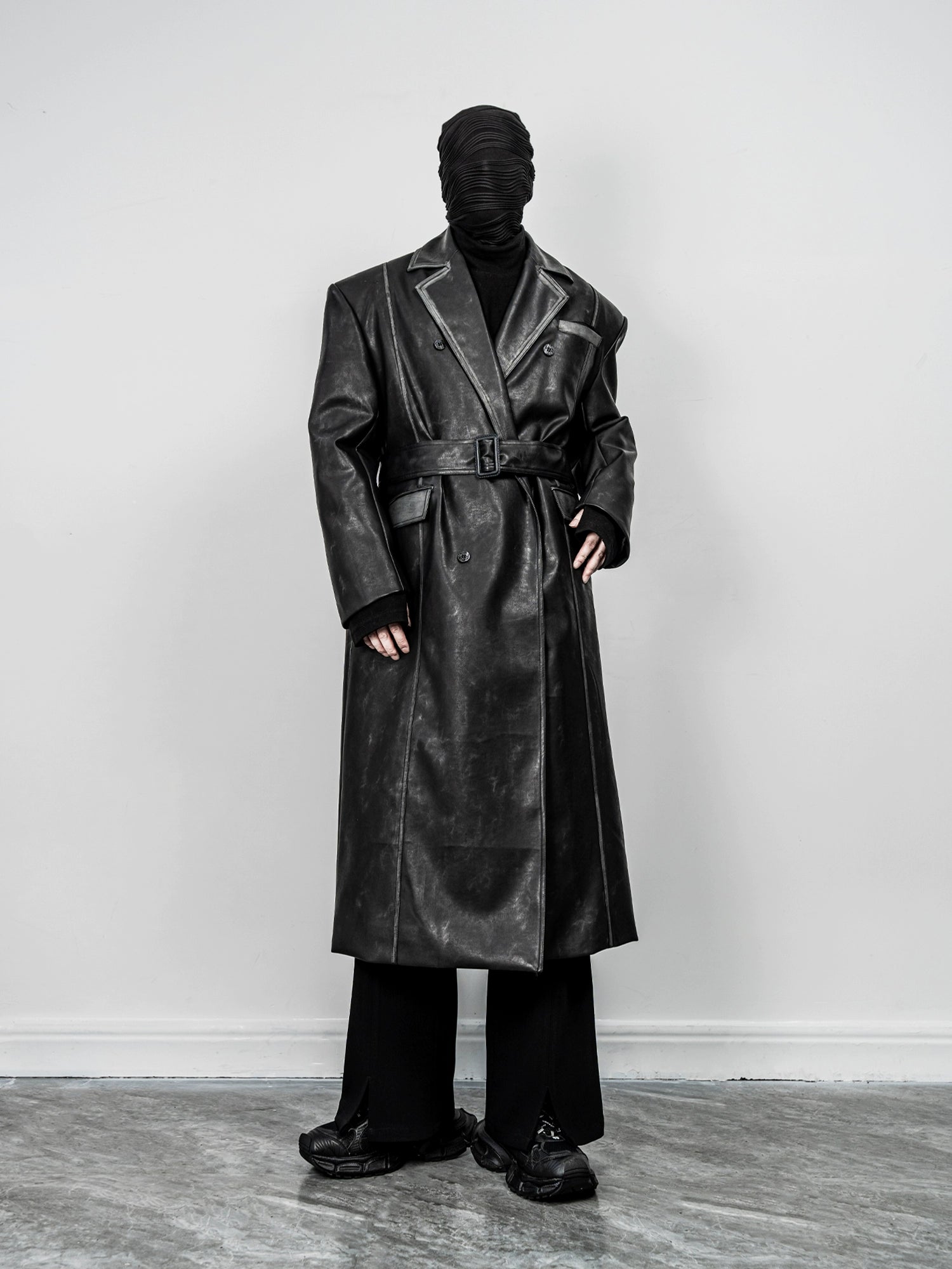 Long Belted Black Faux Leather Trench