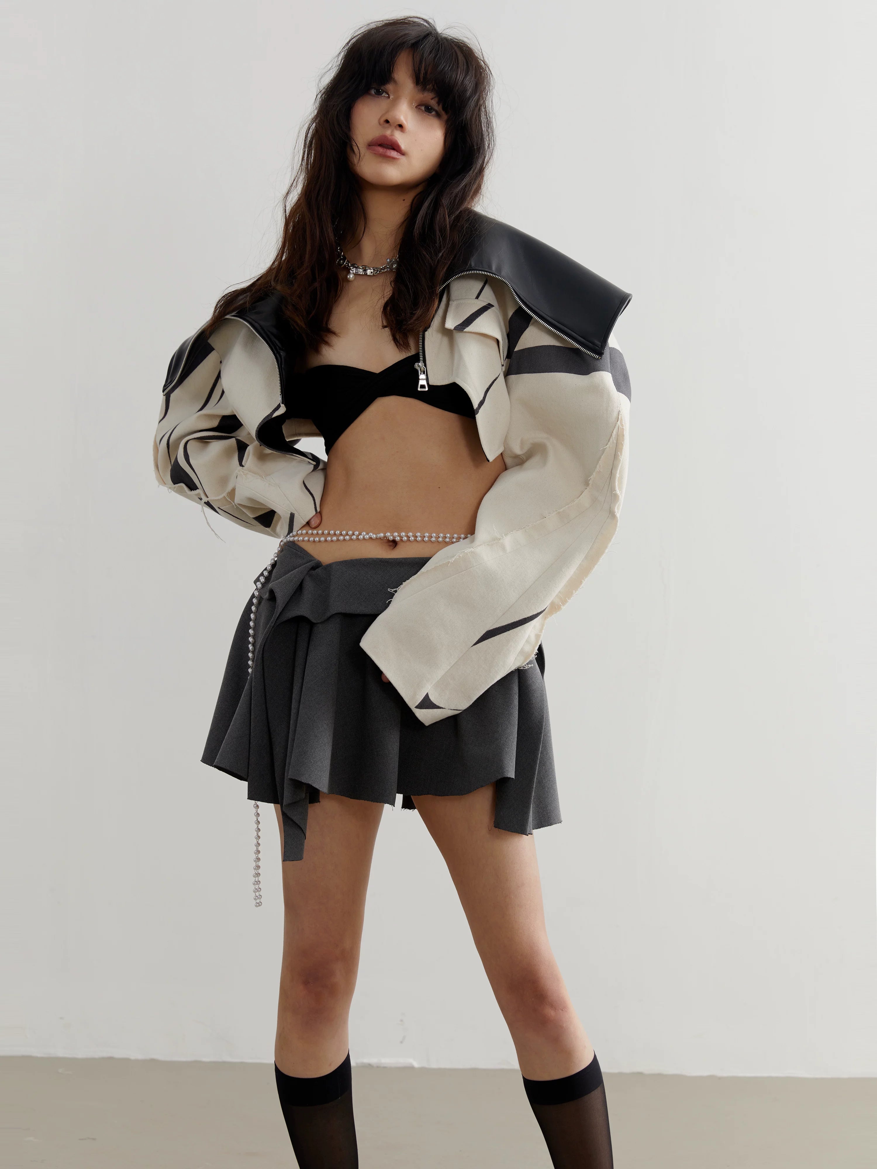 Ivory Noir Cropped Zip Jacket