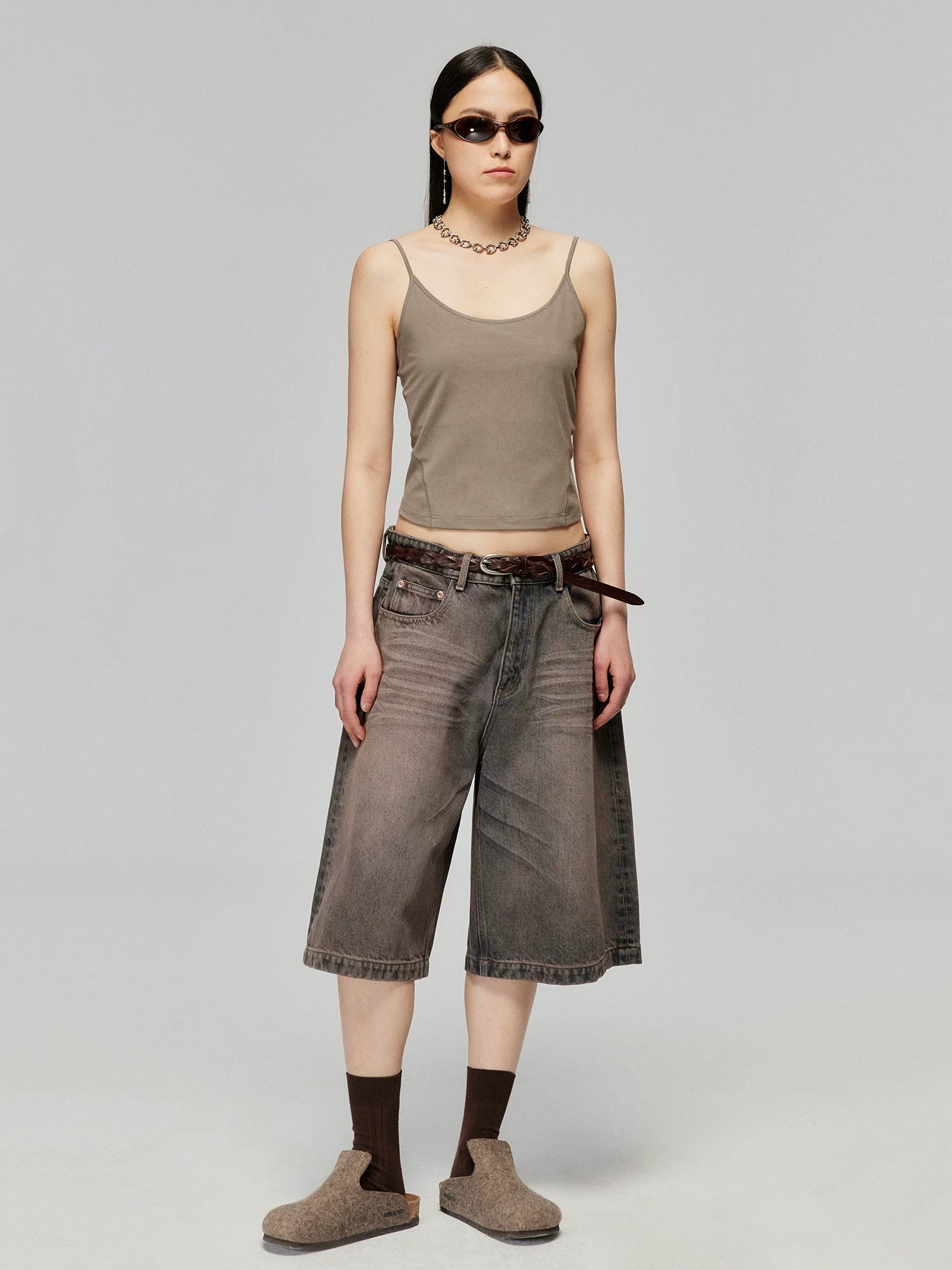 Washed Wide-Leg Denim Bermuda Shorts