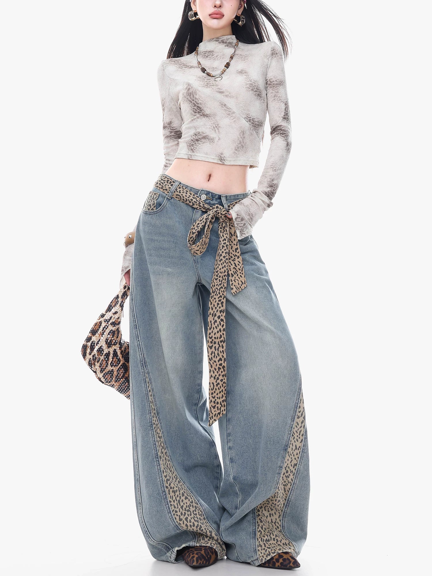 Leopard Sash Curve-Leg Wide Jeans