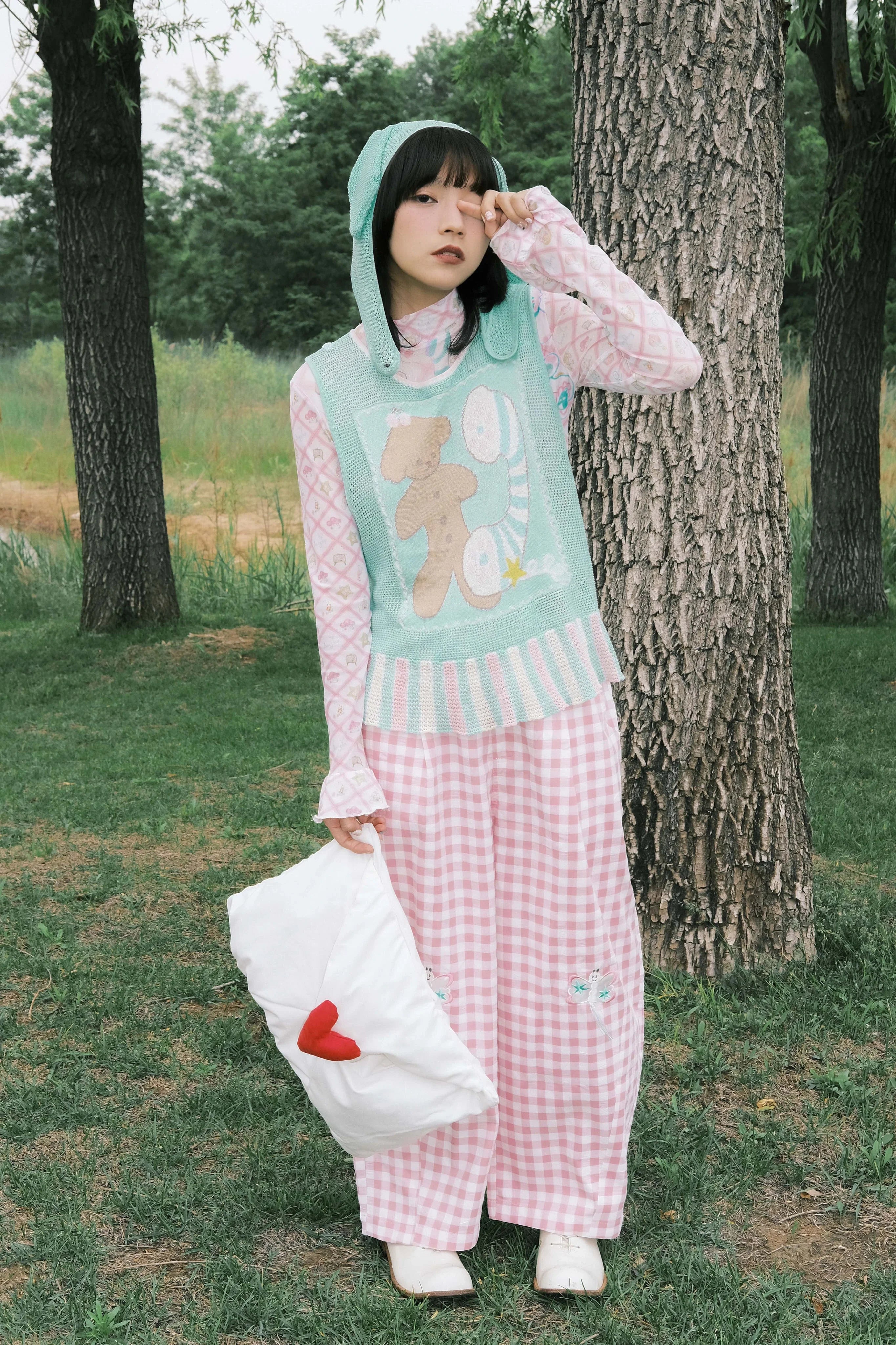 Pink Gingham Ghost Embroidered Wide Leg Pants