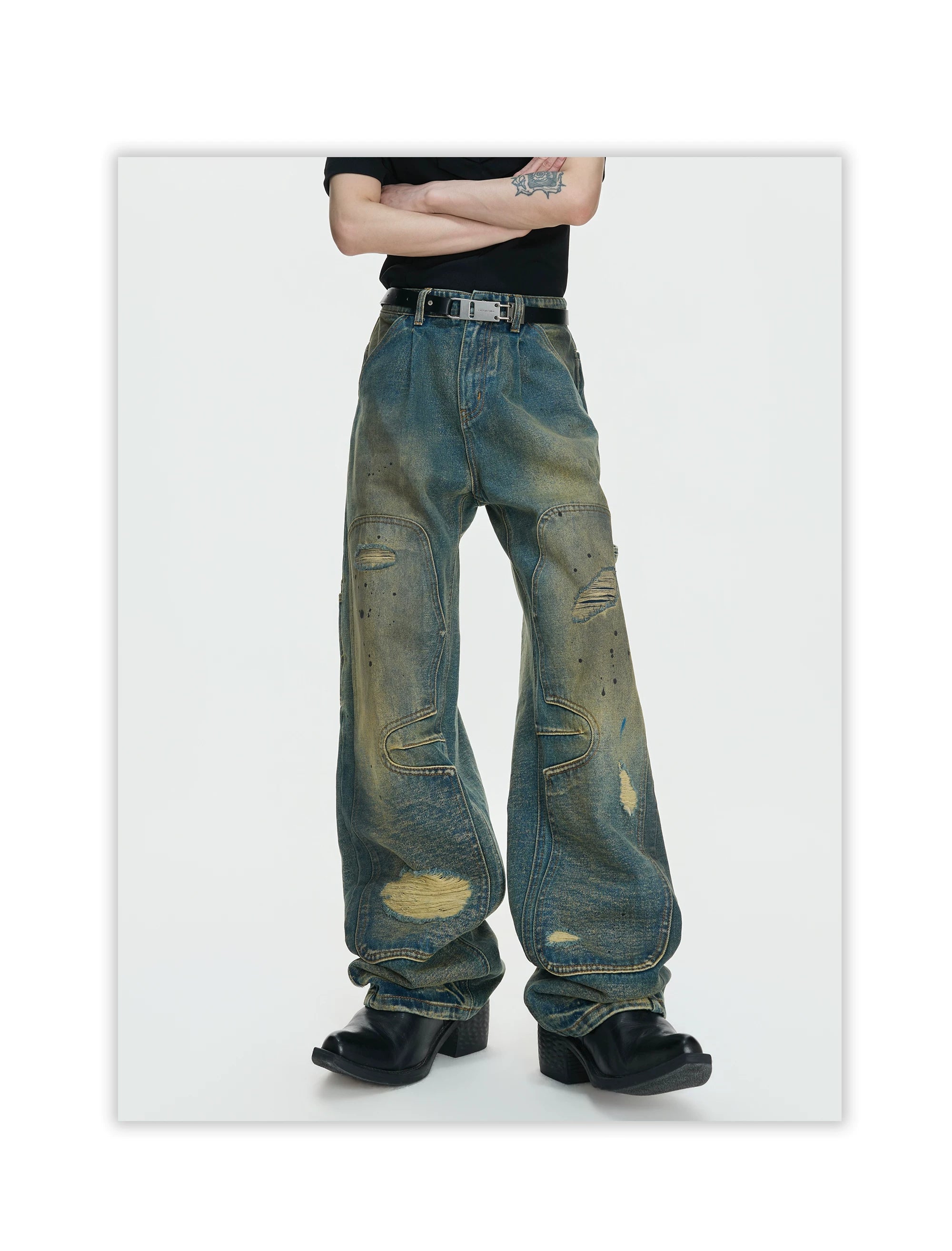 Distressed Panel Wide Leg Cargo Jeans