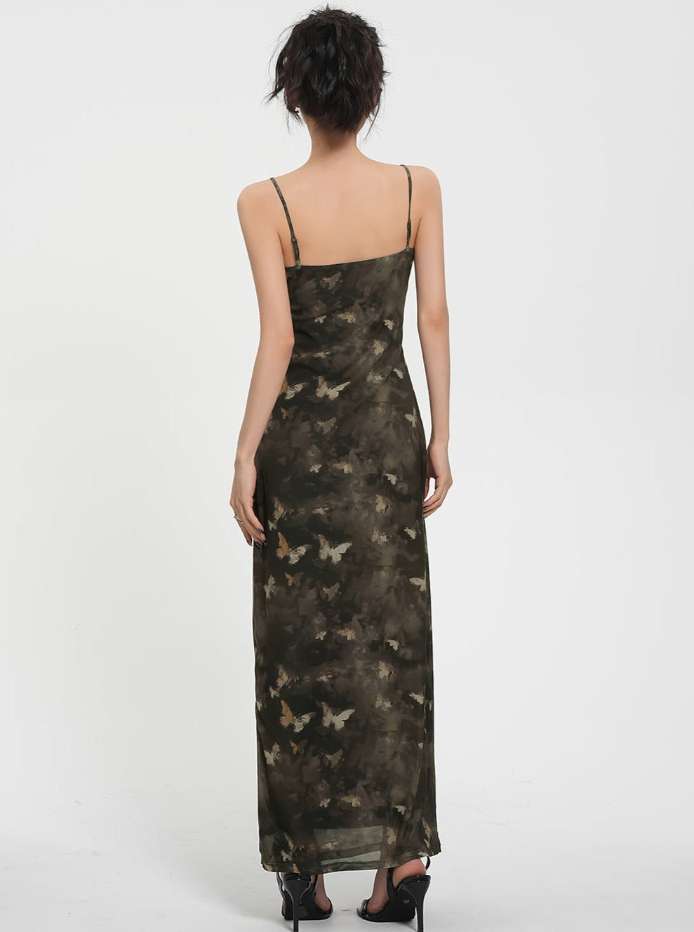 Tarndruck Maxi Slip -Kleid - Spaghetti -Gurtseite Schlitz -Camo -Kleid