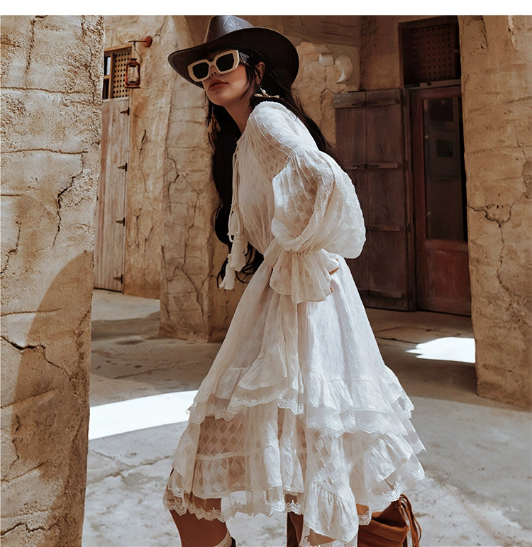White Ruffle Long Sleeve Dress