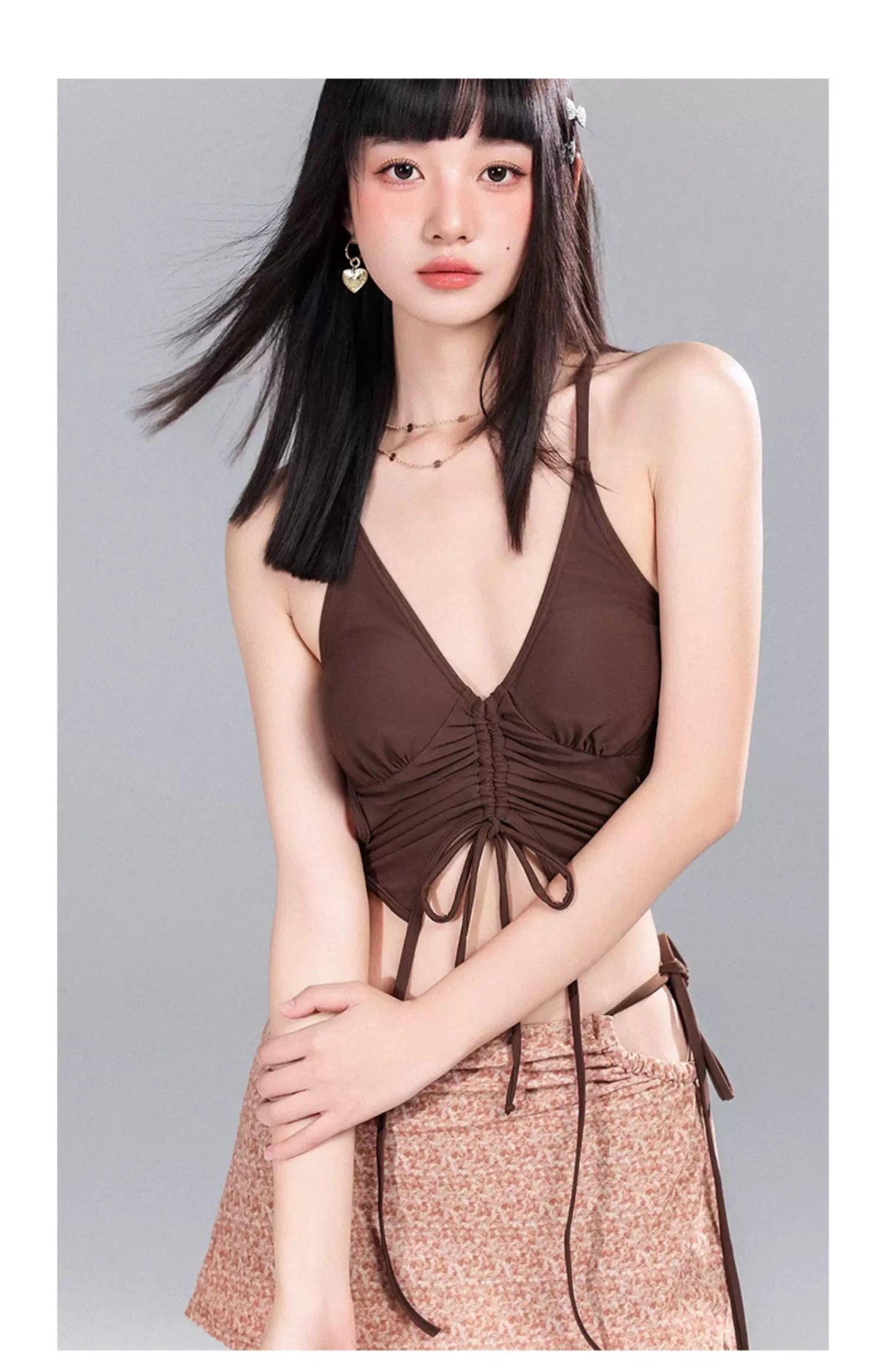Mocha Cinch Halter Mini Skirt Set