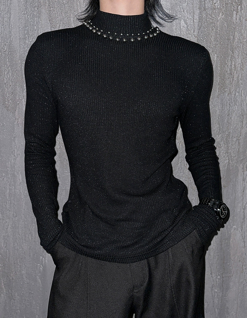 Black Studded Collar Ribbed Knit Top