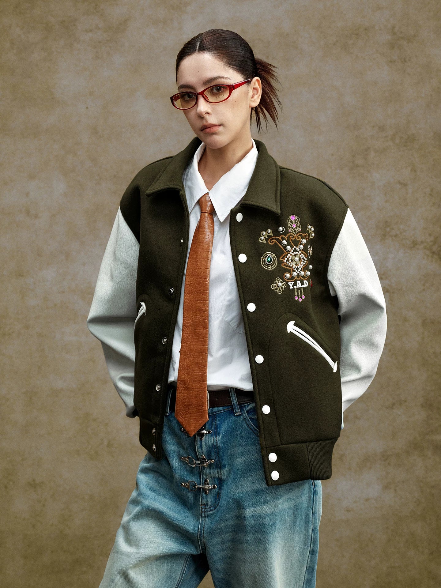 Embroidered Contrast Sleeve Varsity Jacket