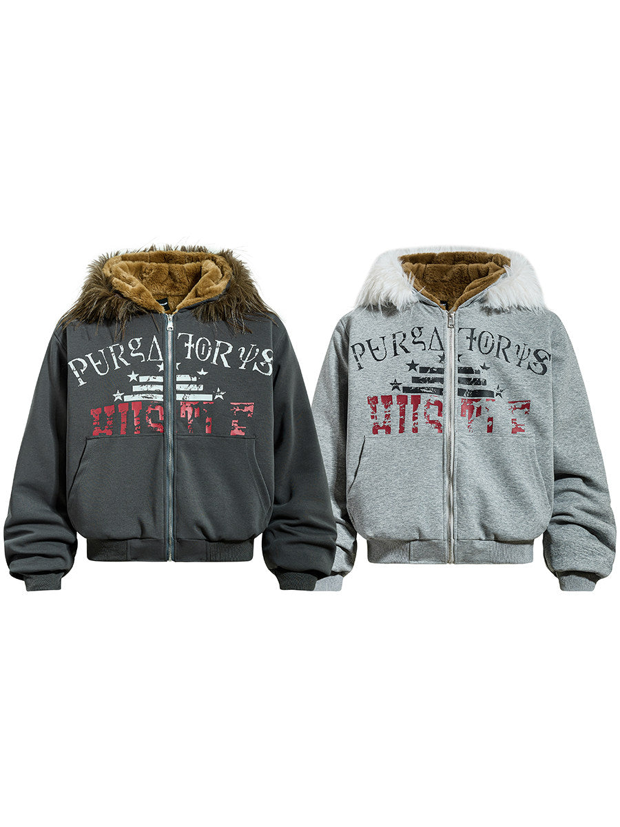 Men's Faux-Fur Graffiti-Print Zip-Up Hooded Jacket