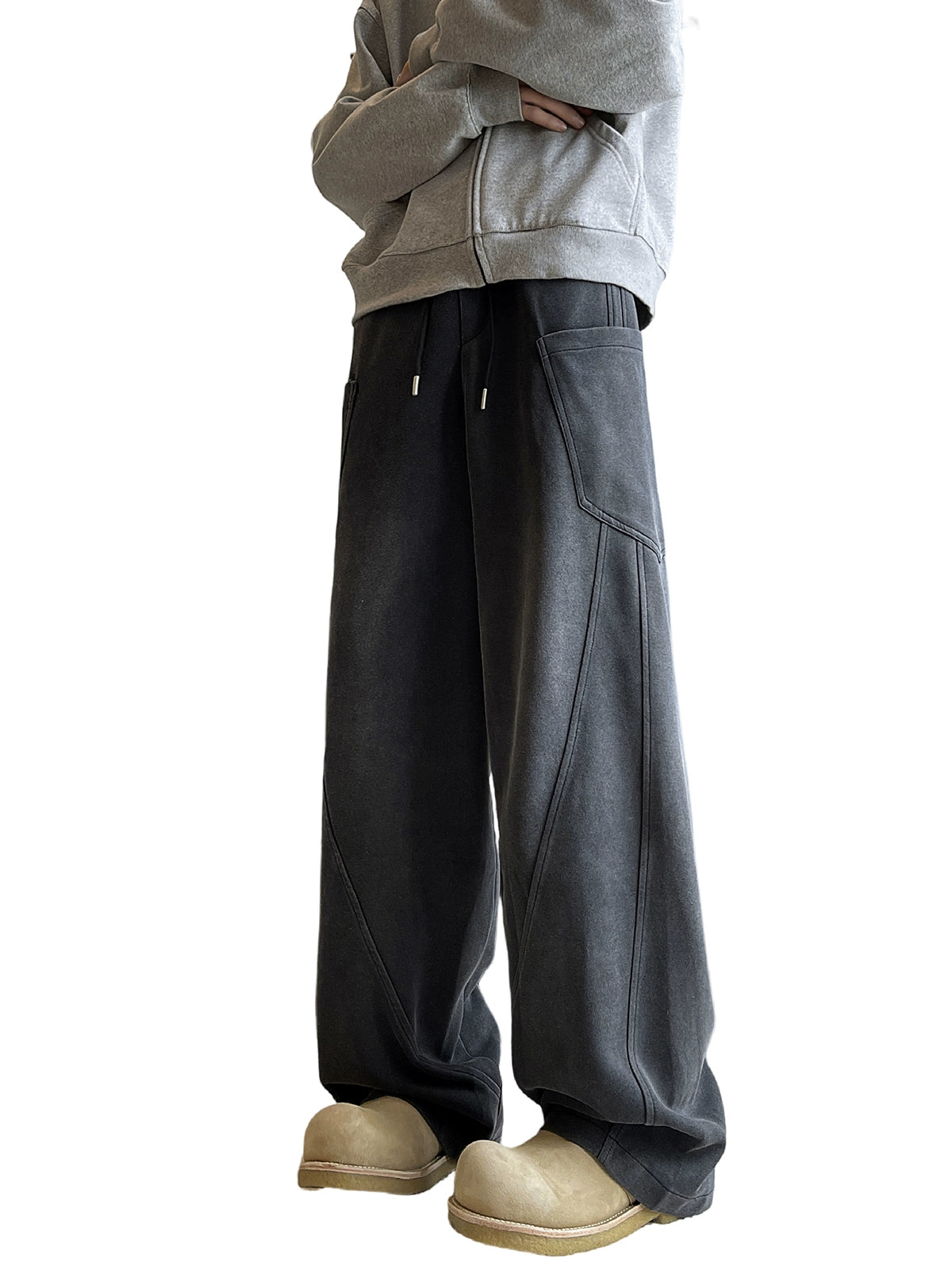 Wide-Leg Black Drawstring Sweatpants with Large Pockets