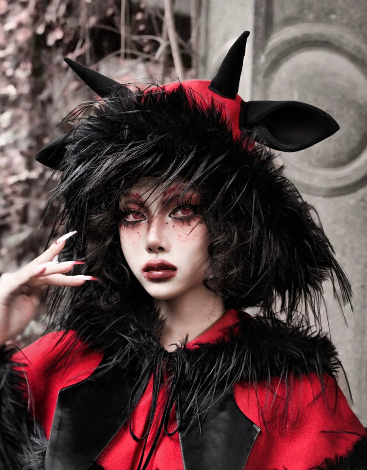 Crimson Devil Horn Faux Fur Hat