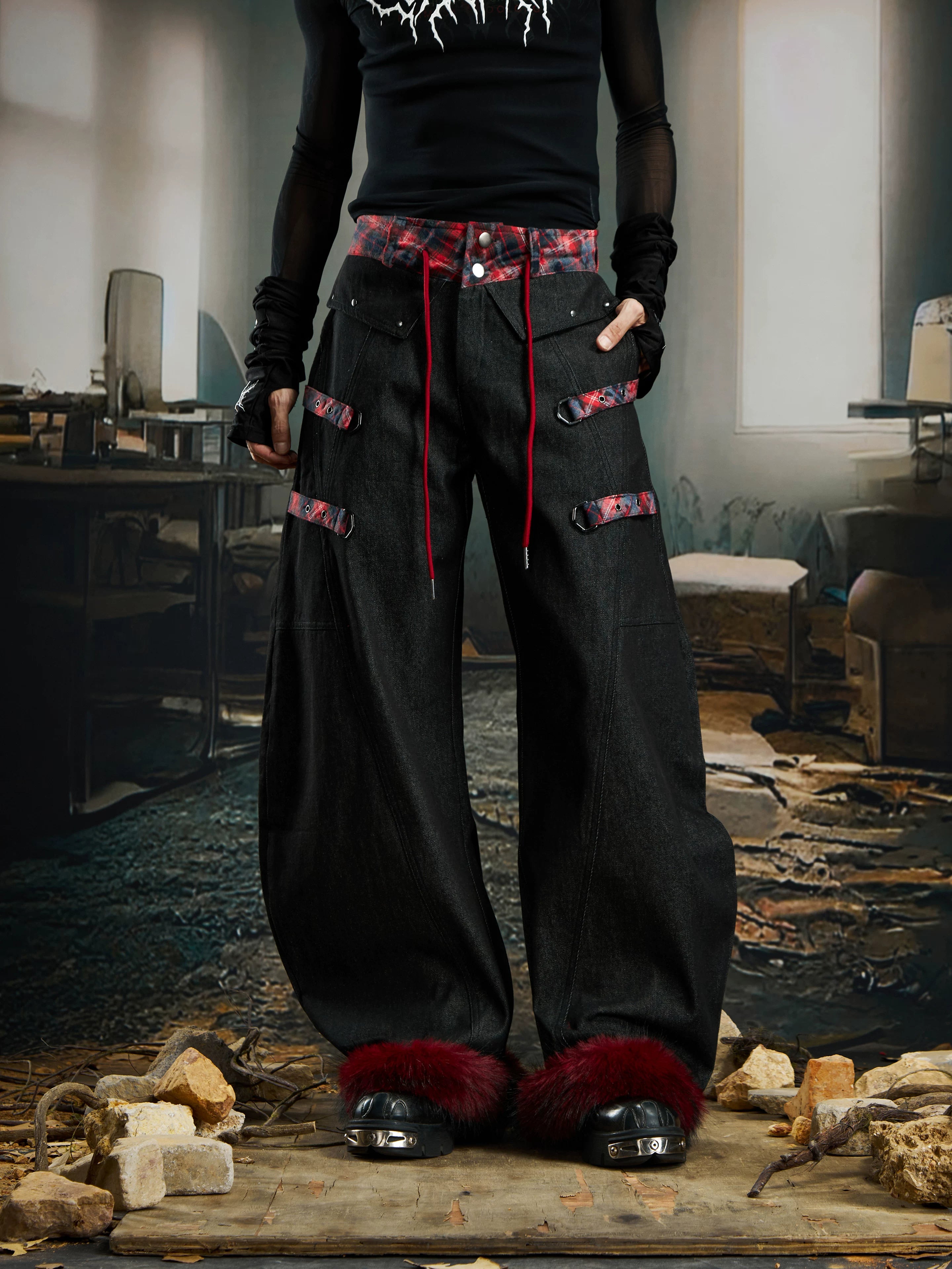 Crimson Plaid Fetters Fur Hem Pants