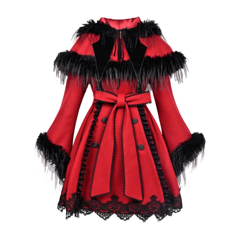 Crimson Faux Fur Trim Gothic Coat Dress