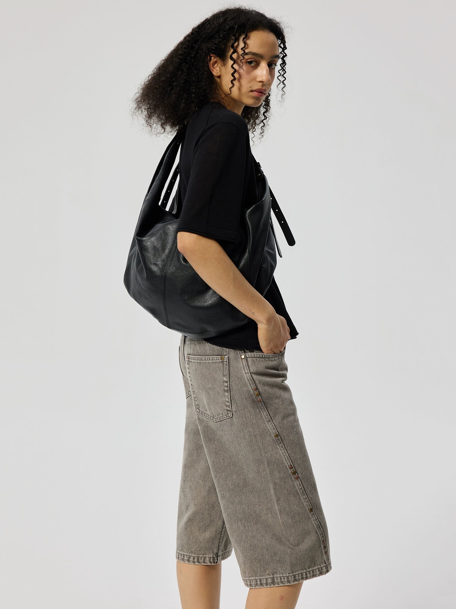 Gray Washed Denim Bermuda Shorts with Side Stud Detailing