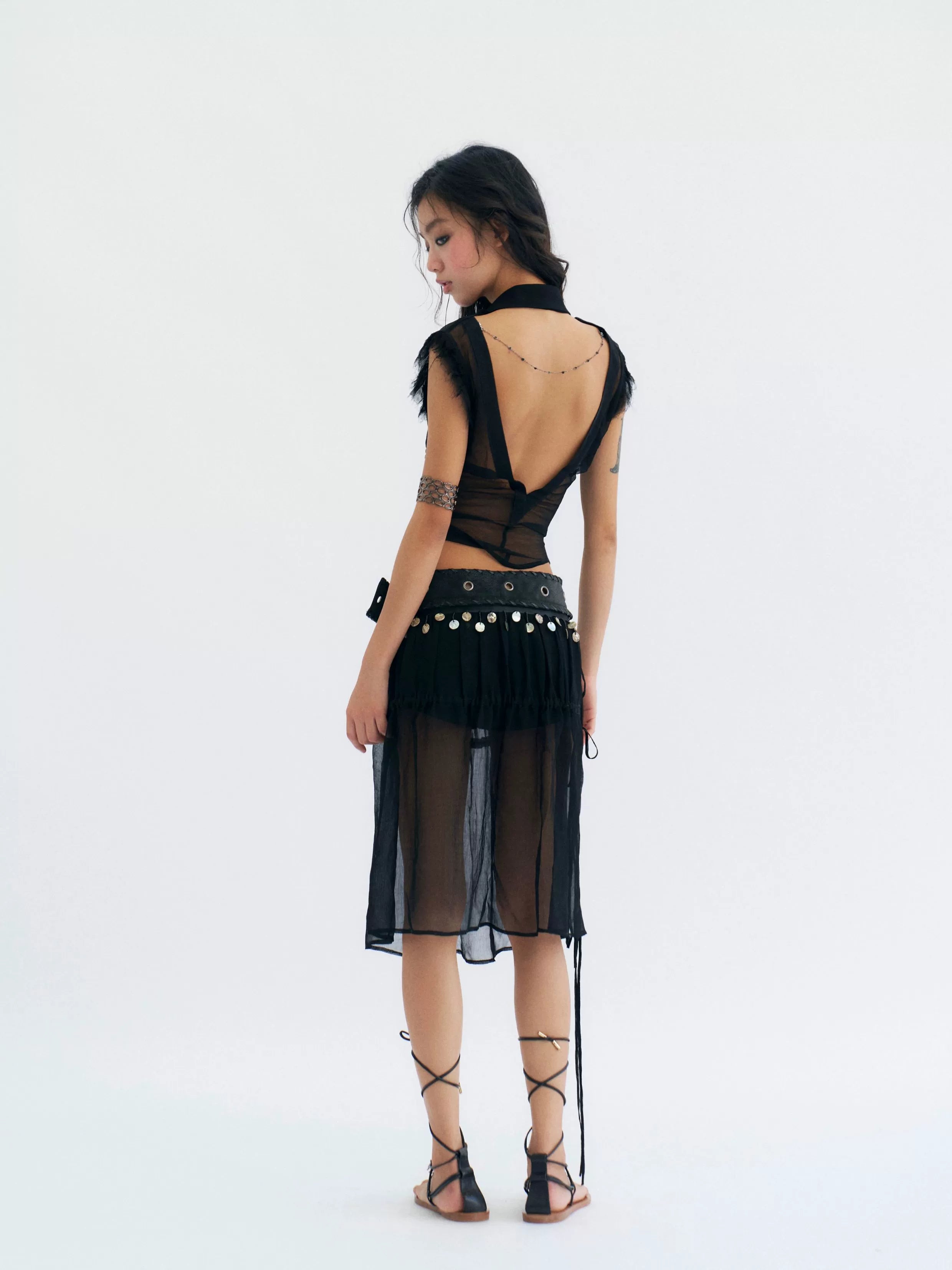 Moonlit Veil Sheer Coin‑Trim Skirt