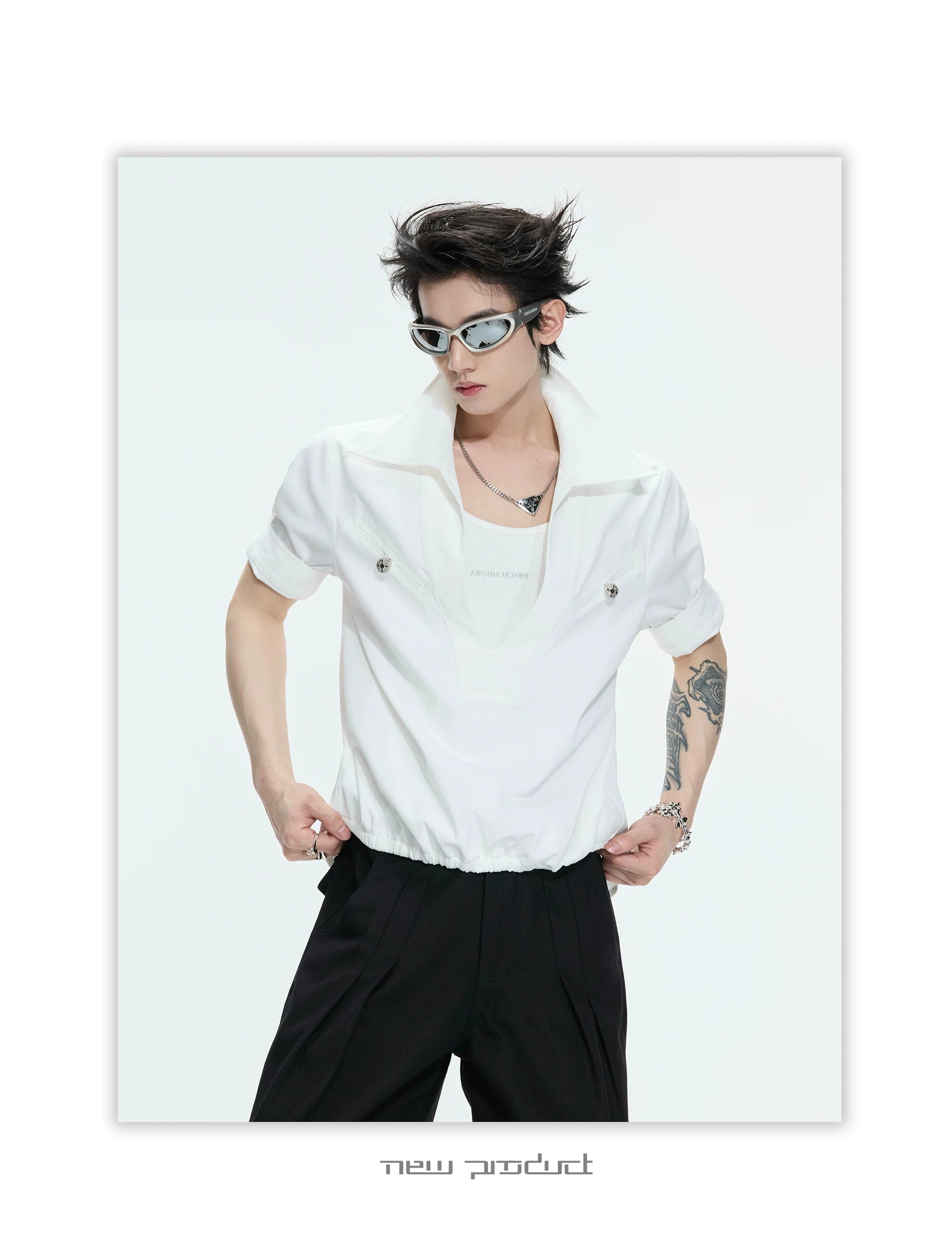 Deep V Neck Utility Pocket Shirt