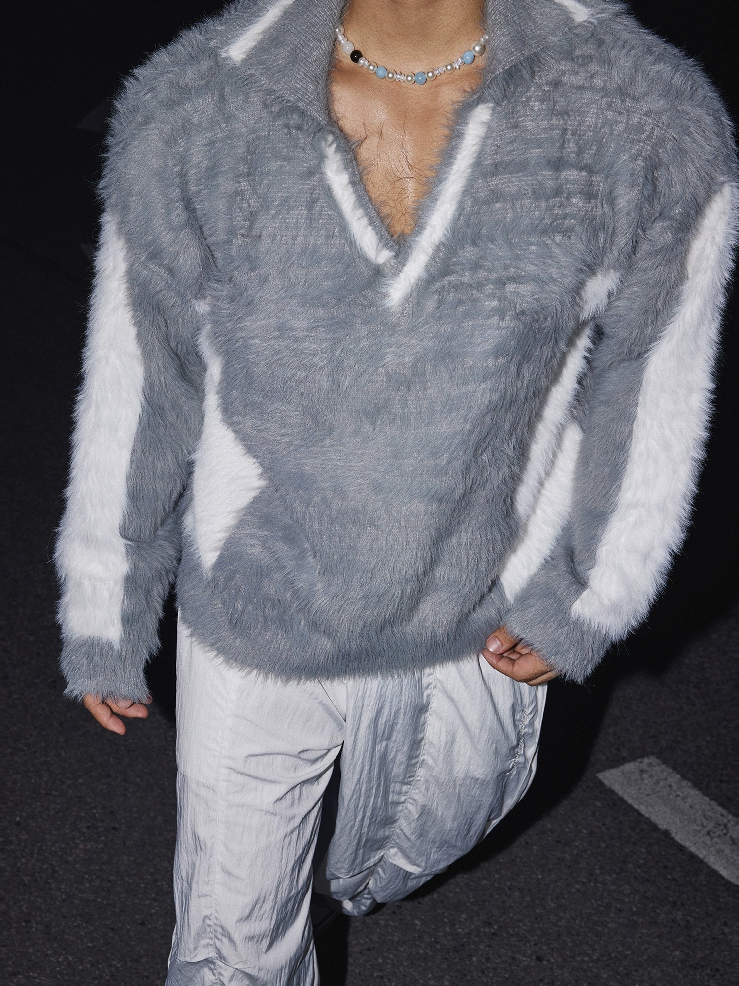 Contrast Panel Fuzzy Sweater