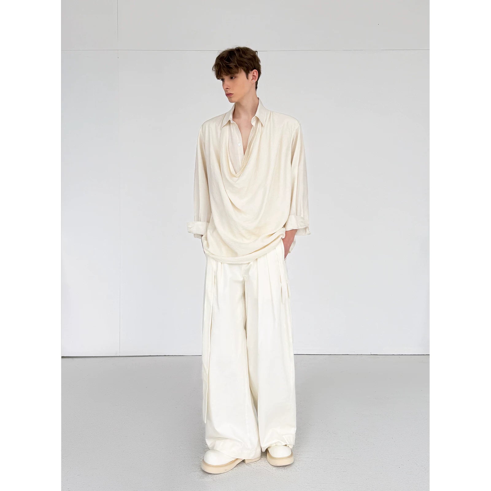 Ivory Cascade Drape Collar Shirt