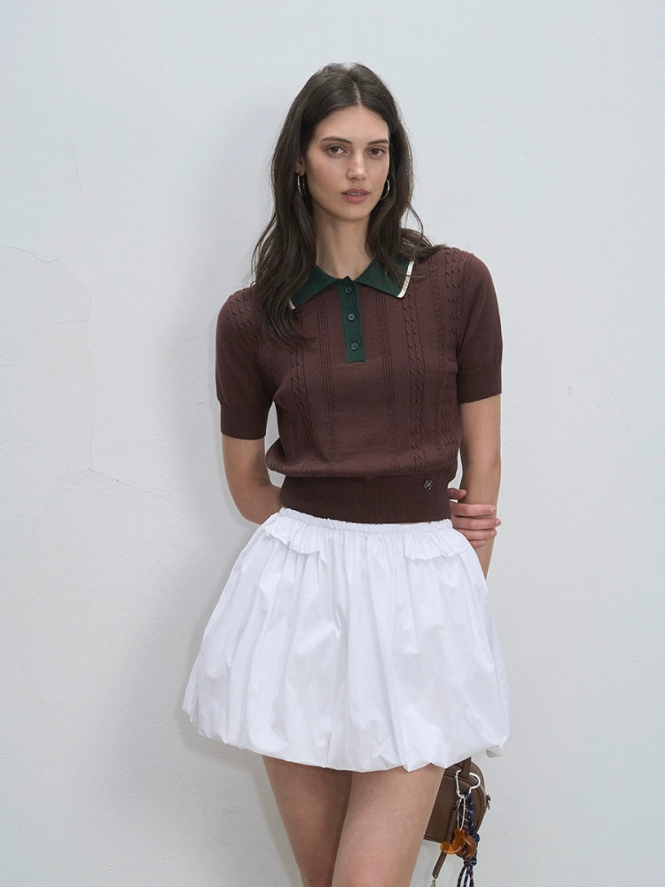 Contrast Collar Knit Polo Tops